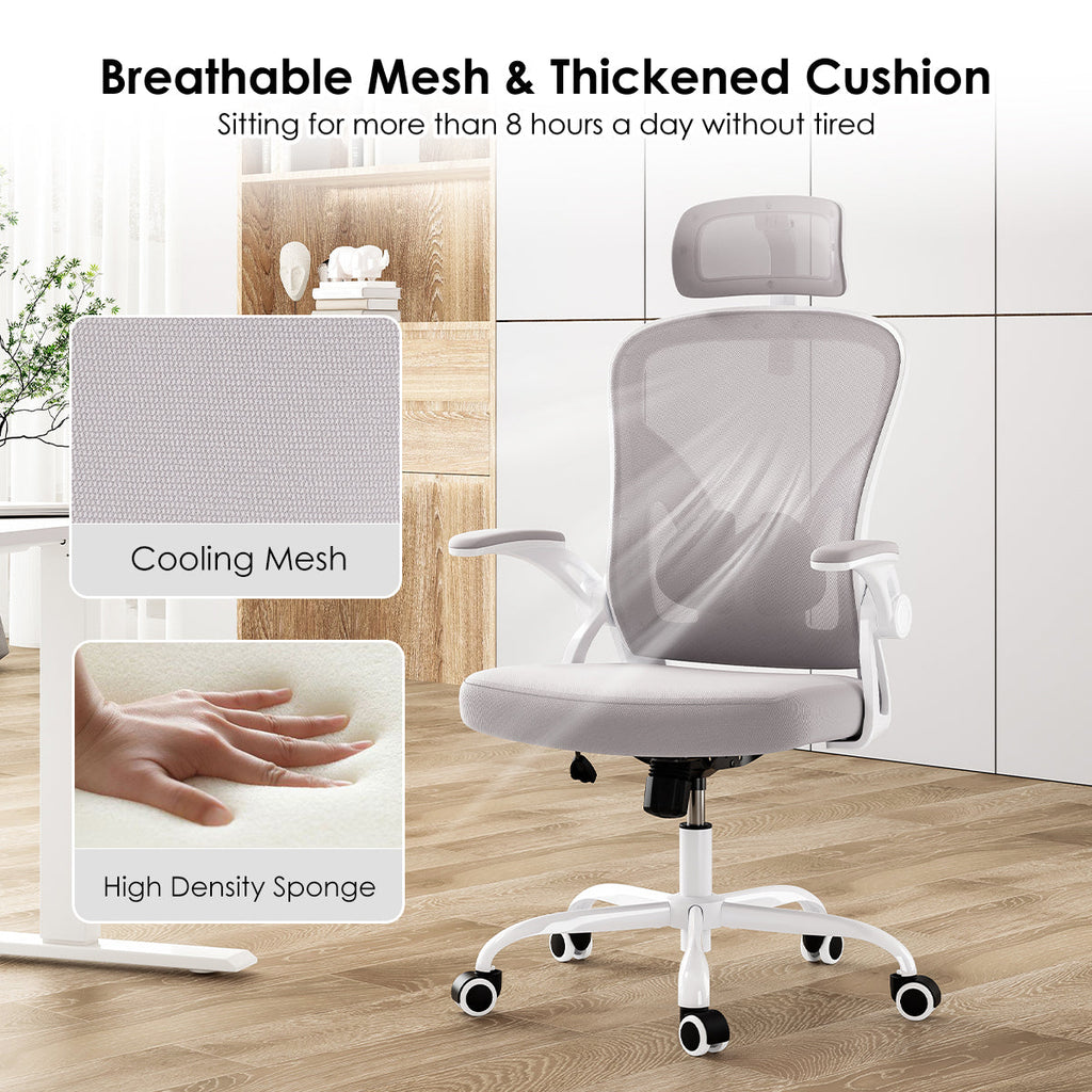 Ergonomic Office Chair, Home Office Desk Chair with Headrest, High Back Computer Chair with Armrests and Adjustable Lumbar Support for Home Office Study Room,White & Gray
