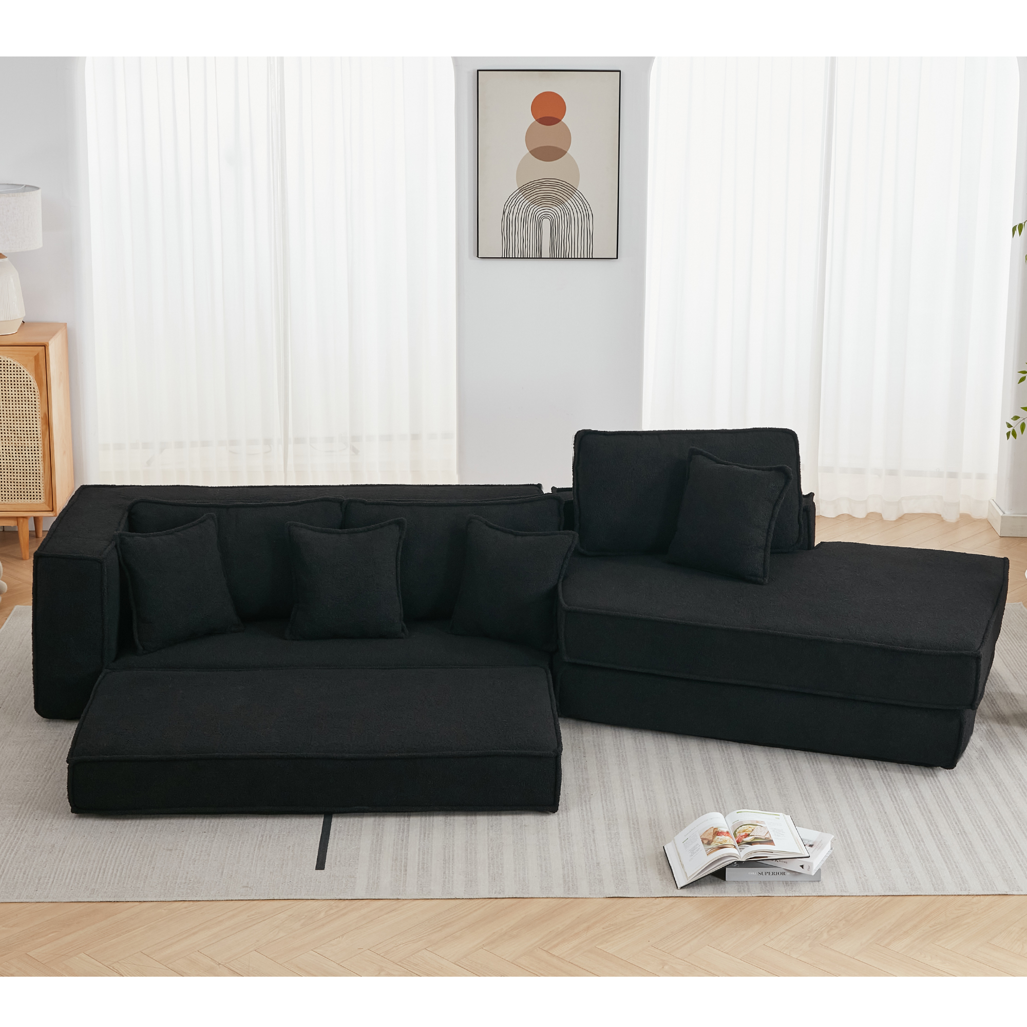 [NEW ARRIVED] [VIDEO PROVIDED]  Folding Convertible Out Sleeper Sofa Bed,2-in-1,  Combination Convertible Sofa,3 seat, Upholstered,Fold Out Floor Gaming Sofa Bed , Lamb Velvet Fabric,Living Room,Black