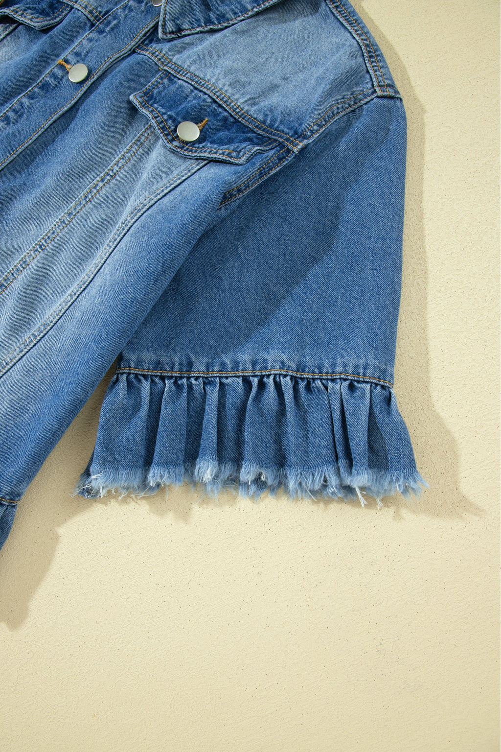 Denim Raw Edge Short Sleeve Ruffle Hem Jacket