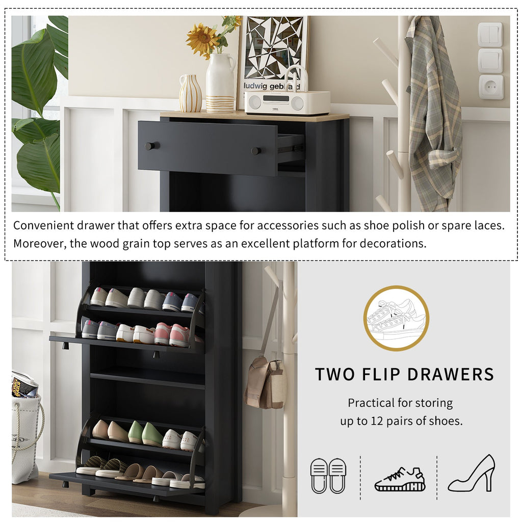 ON-TREND Functional Entryway Organizer with 2 Flip Drawers, Wood Grain Pattern Top Shoe Cabinet with Drawer, Free Standing Shoe Rack with Adjustable Panel for Hallway, Black
