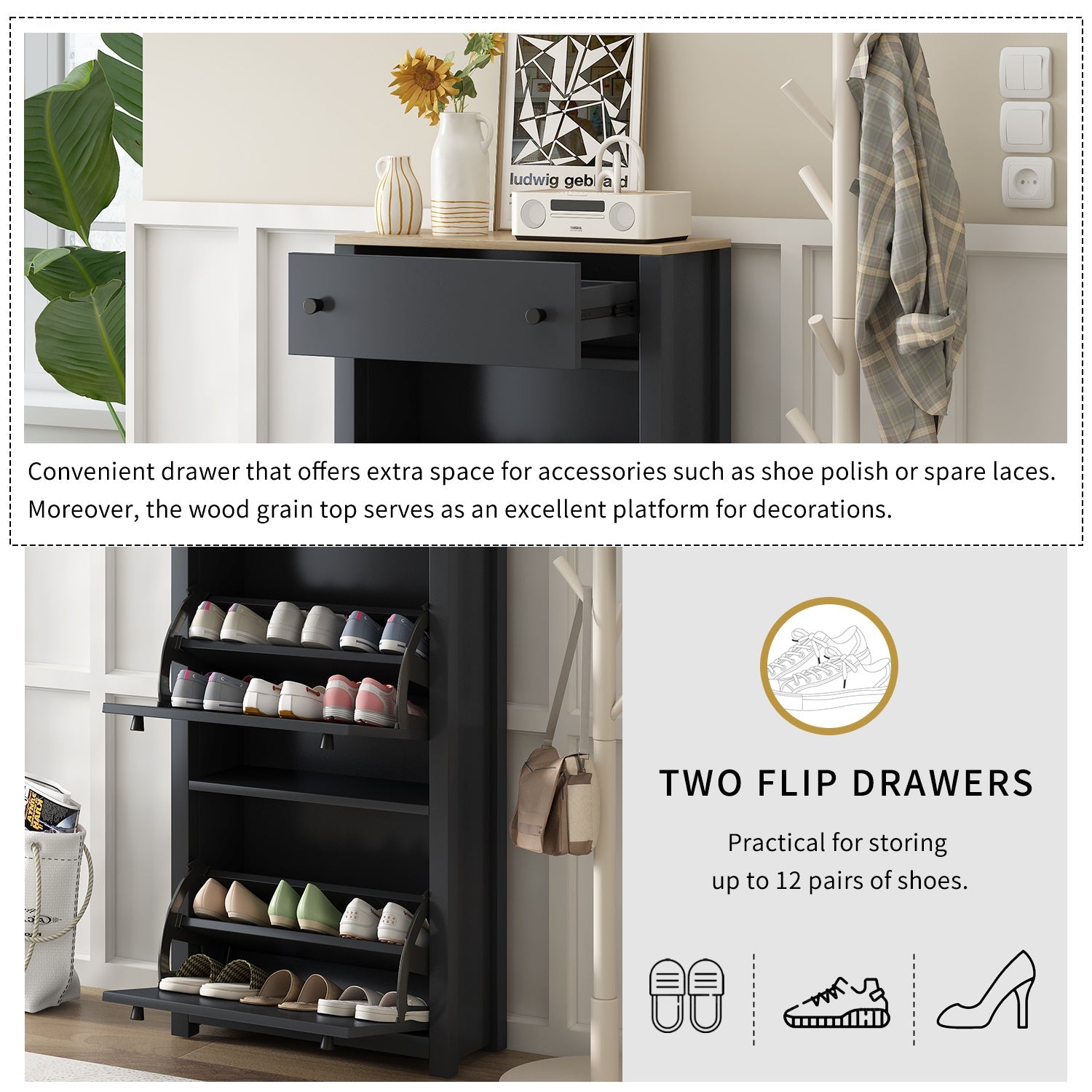 ON-TREND Functional Entryway Organizer with 2 Flip Drawers, Wood Grain Pattern Top Shoe Cabinet with Drawer, Free Standing Shoe Rack with Adjustable Panel for Hallway, Black