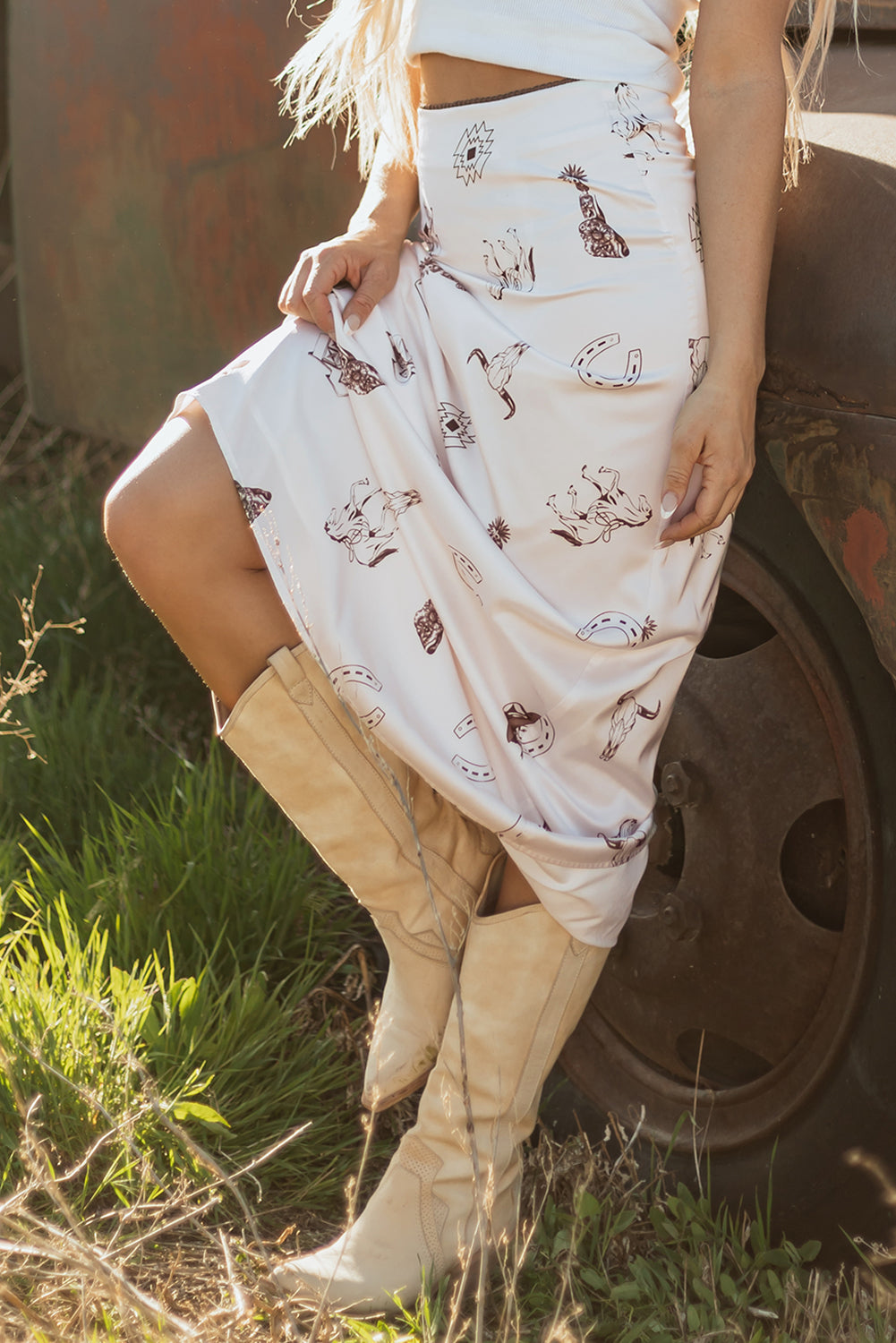 Western Lace Trim High Waist Maxi Skirt
