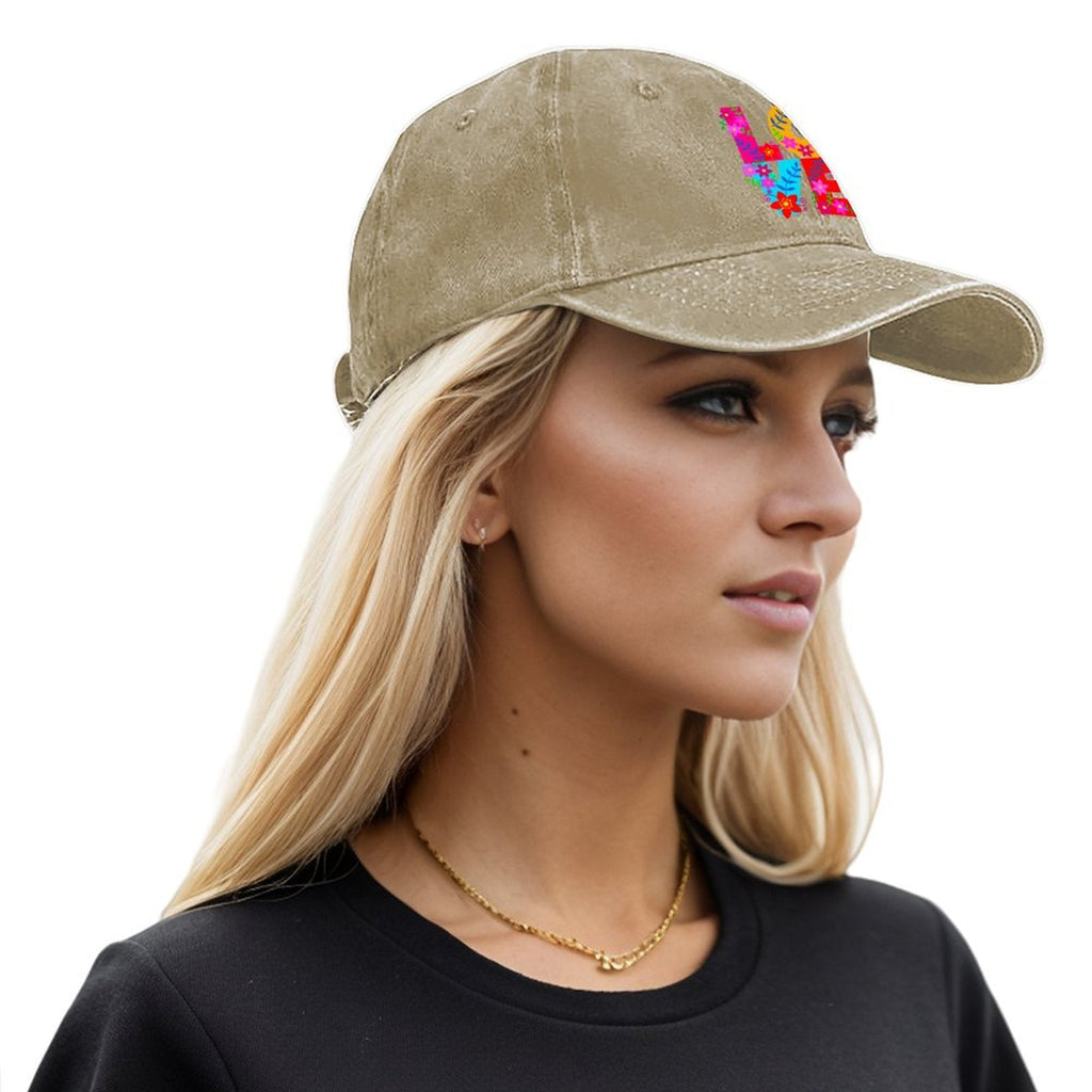 Floral LOVE Cotton Vintage Washed Denim Baseball Cap (Front Printing)