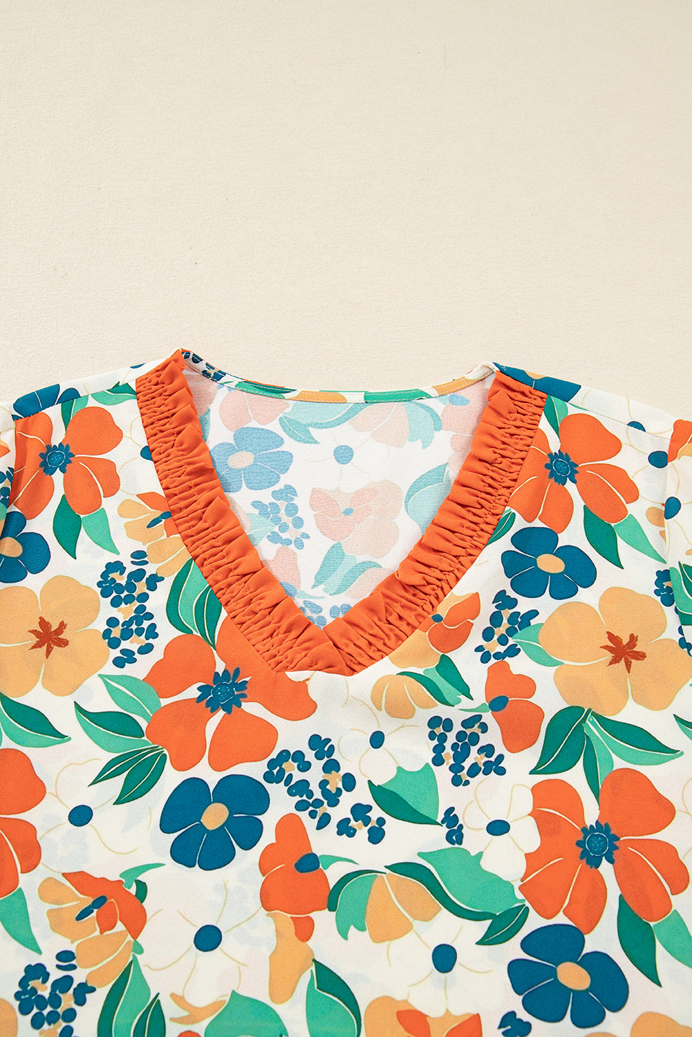 Floral Frilled V-Neck 3/4 Sleeve Blouse