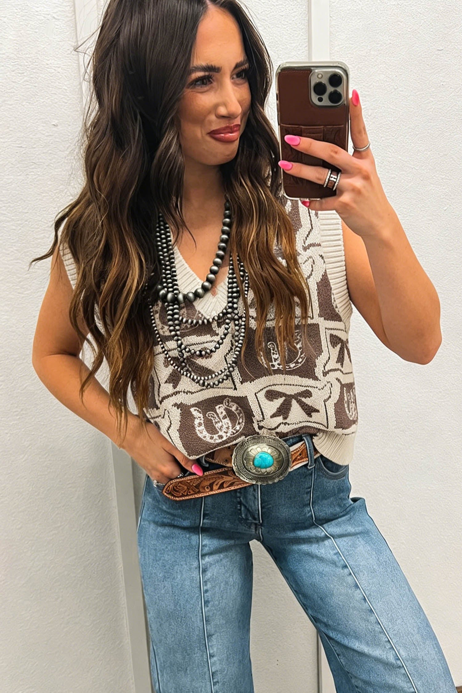 Western Horseshoes & Bows Sleeveless V-Neck Sweater Top