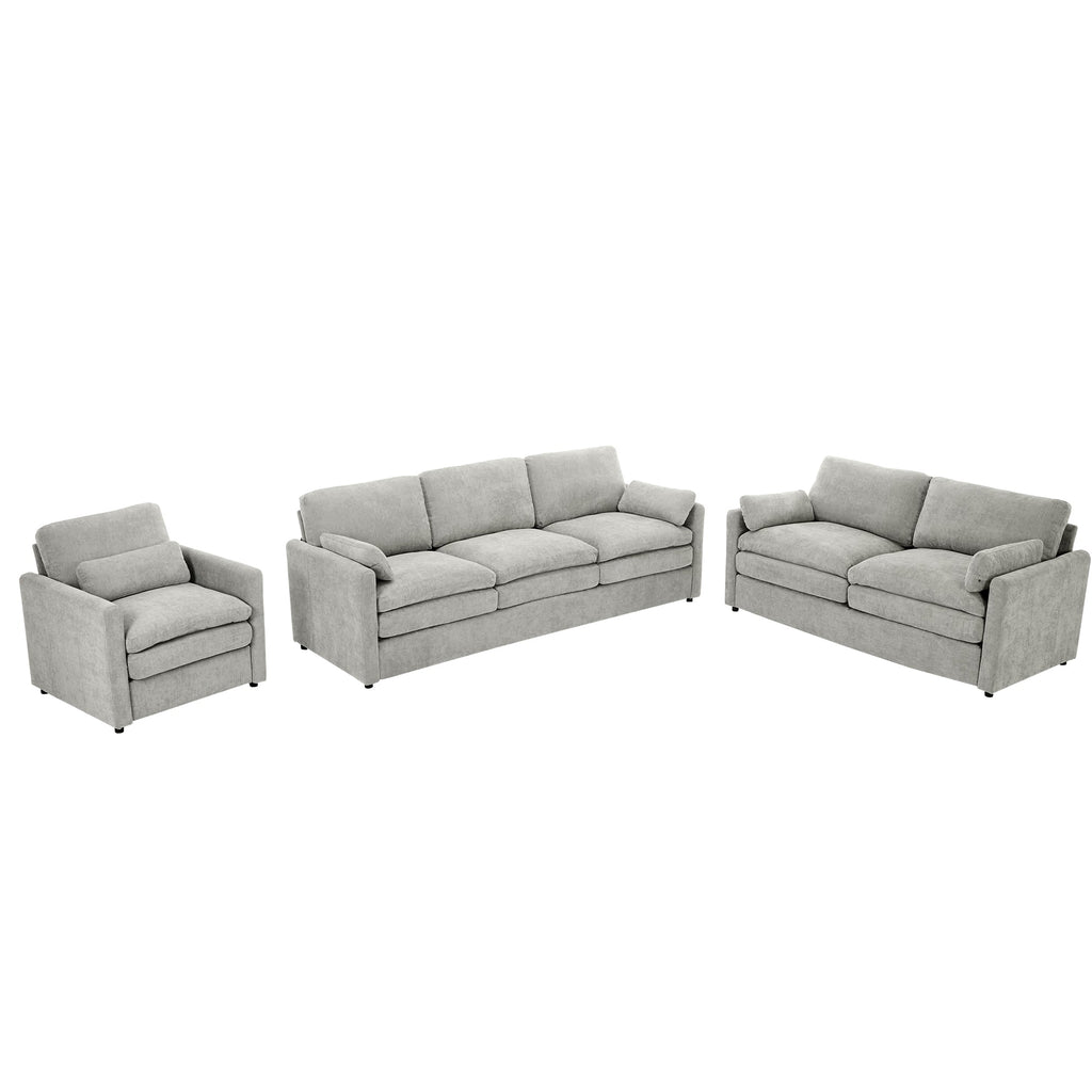 Cozy Upholstered Sofa Set with Double Cushion Design, Light Grey Chenille Fabric, Modern Living Room Couch