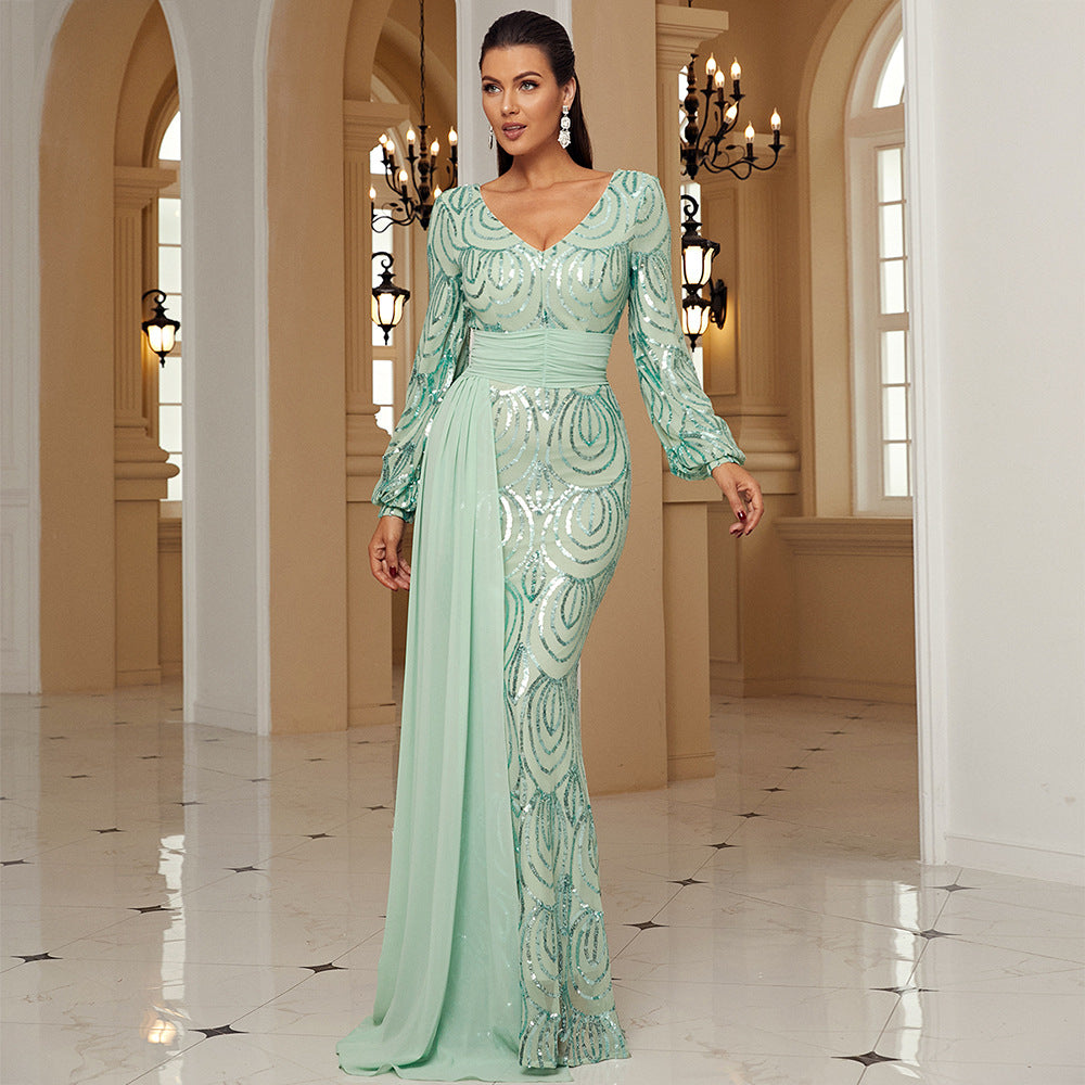 Long Sleeve Sexy Long Sequined V-neck Banquet Ribbon Evening Dress (See size chart where applicable)