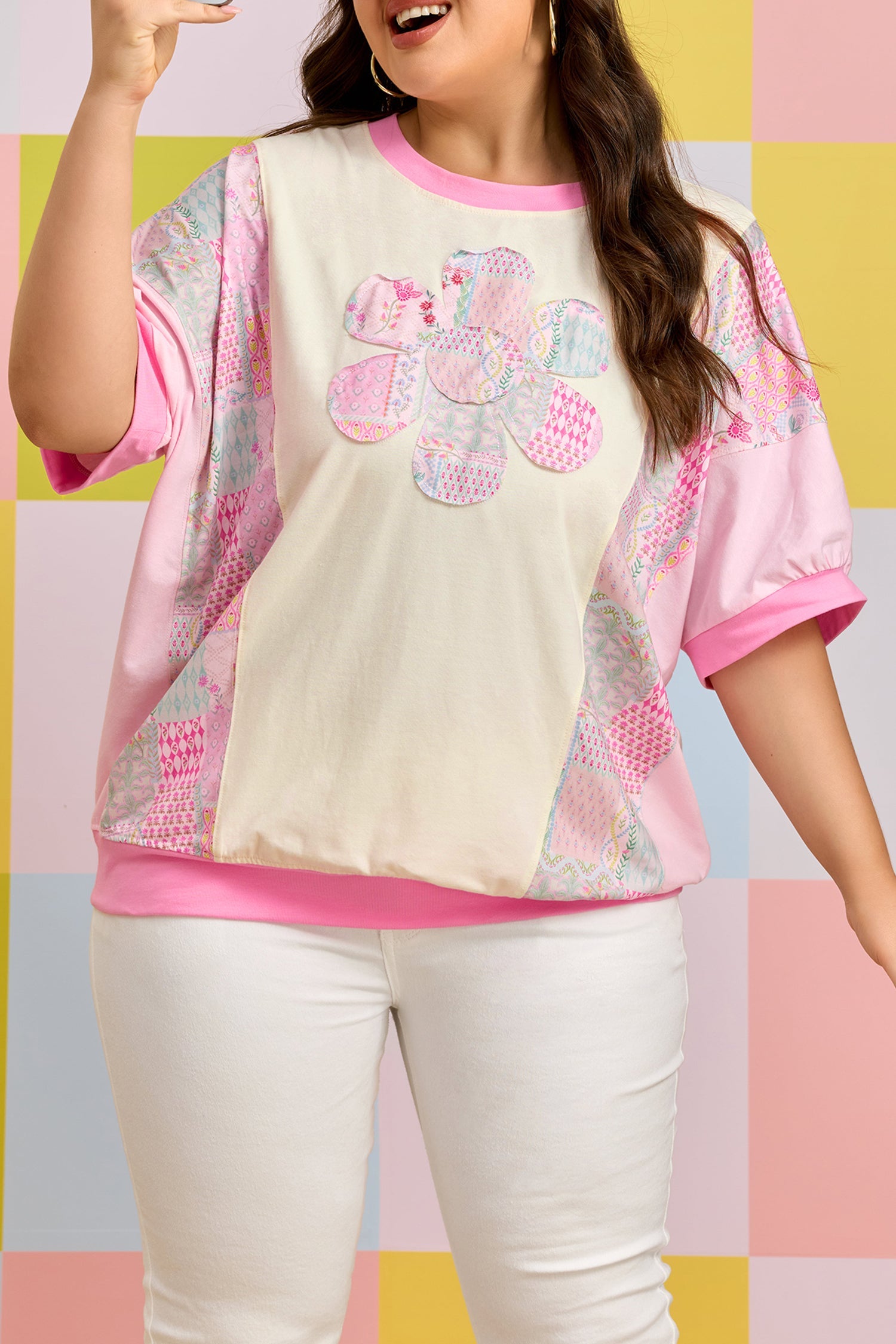 Plus Size Floral Patchwork Embroidered T-Shirt