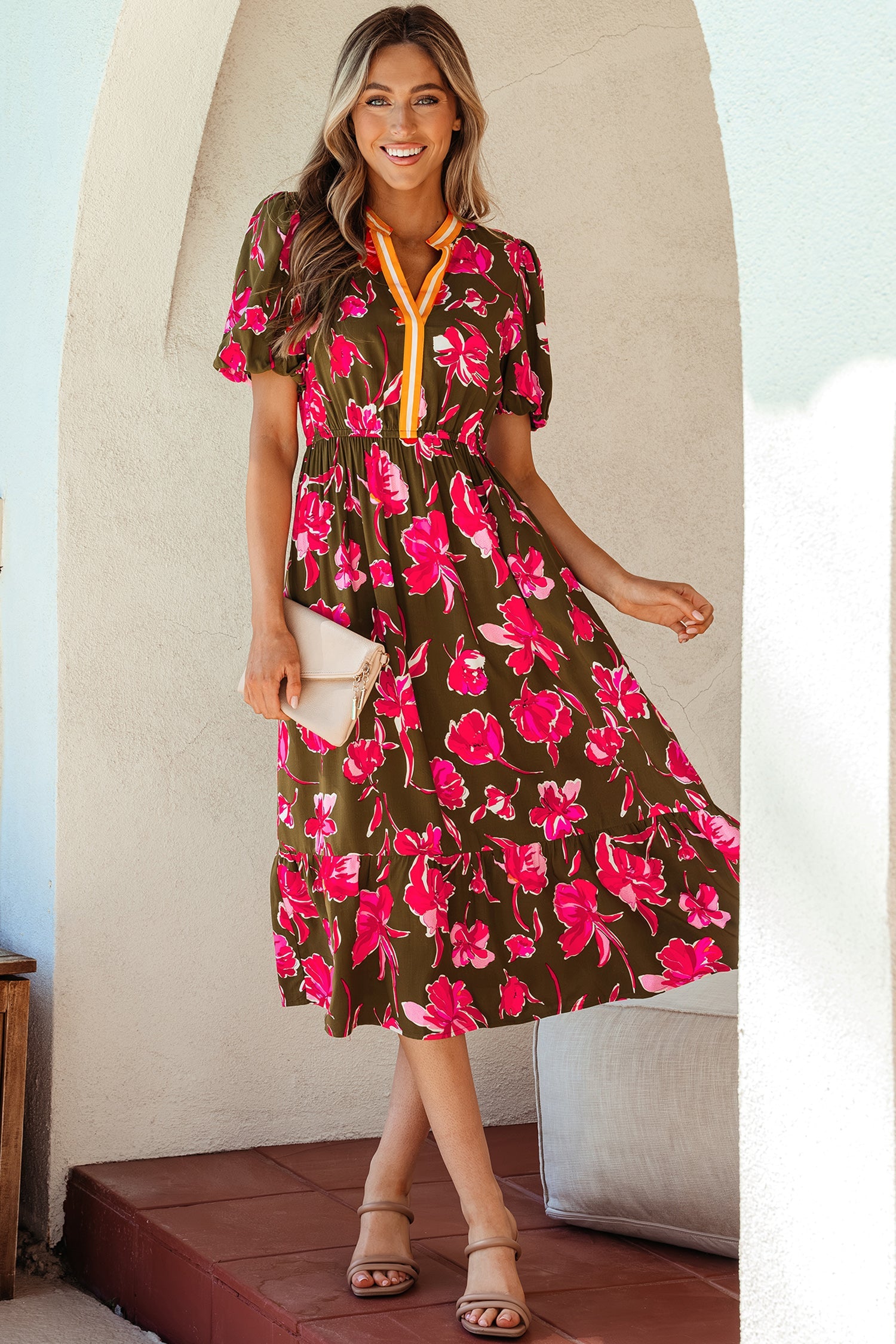 Floral Stripe Trim Short Puff Sleeve Maxi Dress