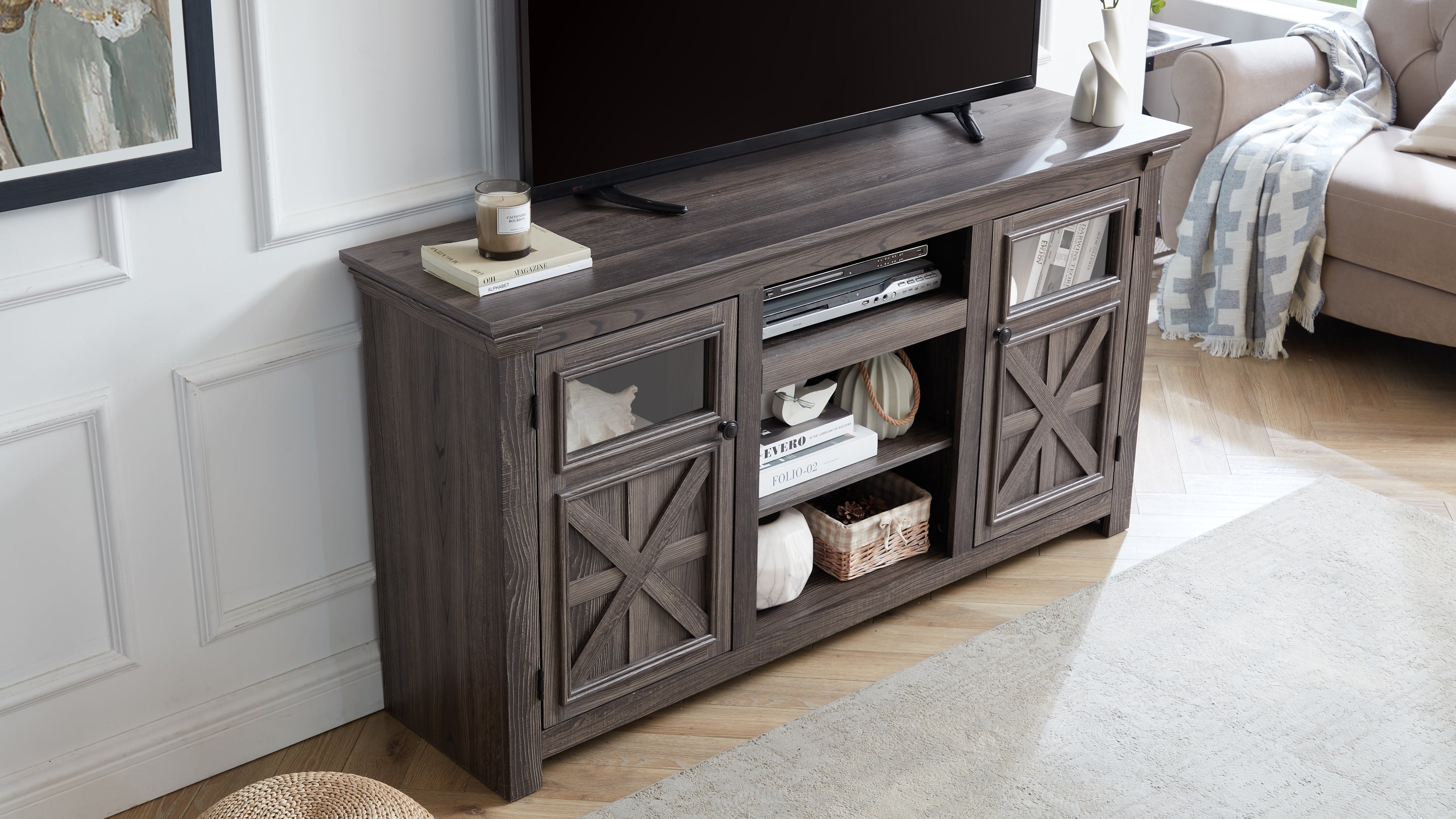 2 Doors Cabinet Farmhouse  Cabinet, Farmhouse TV Stand Barn Design,Modern Farmhouse TV Media Stand, Large Barn Inspired Home Entertainment Console,GREY, 60.23'W*15.35'D*31.7'H