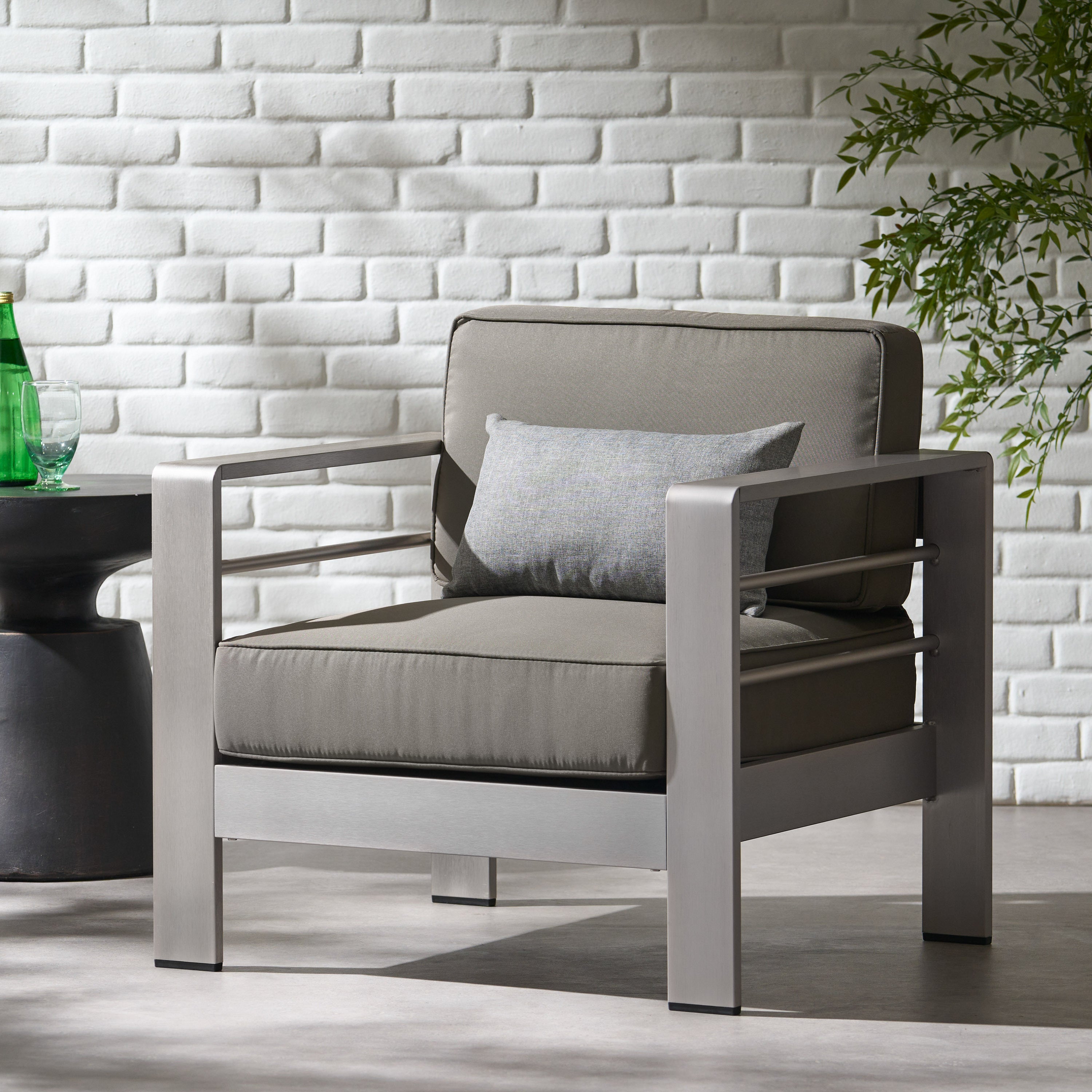 Outdoor Aluminum Club Chair with Cushion, Grey