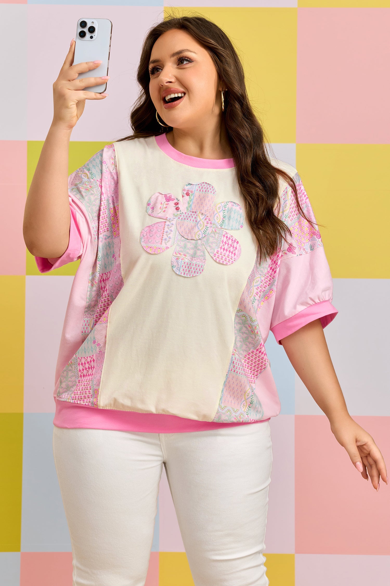 Plus Size Floral Patchwork Embroidered T-Shirt
