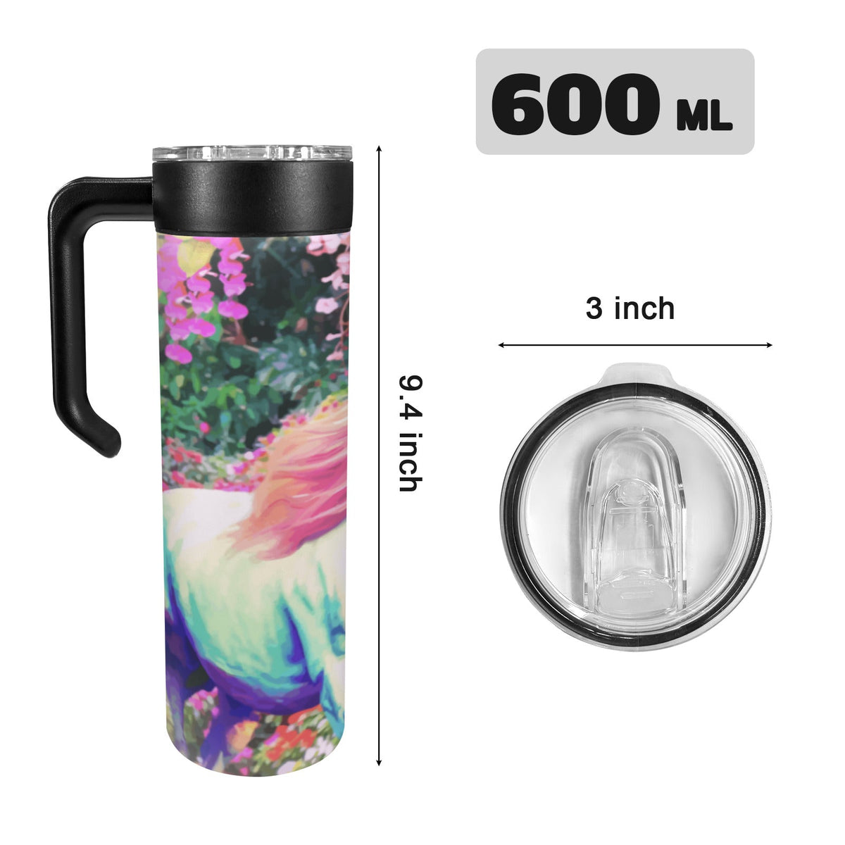 White Horse with Floral Background 20oz Insulated Water Bottle with Screw On Handle