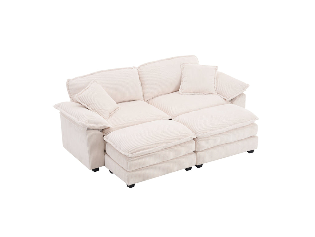 Corduroy 2-seats sofa With 2 back pillows,2 toss pillows and two ottoman,Comfy Sofa- Deep Seat Couch for Living Room,White
