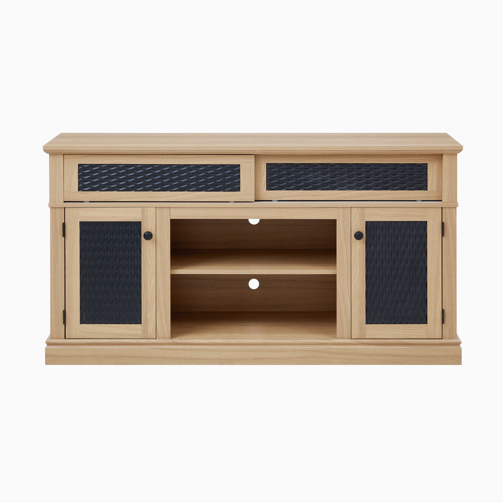 Embossed Pattern TV Stand, TV and Media Console with Open and Closed Storage Space and sliding door for Living Room & Bedroom, LIGHT OAK, 58.27'W*15.35'W*31.7H