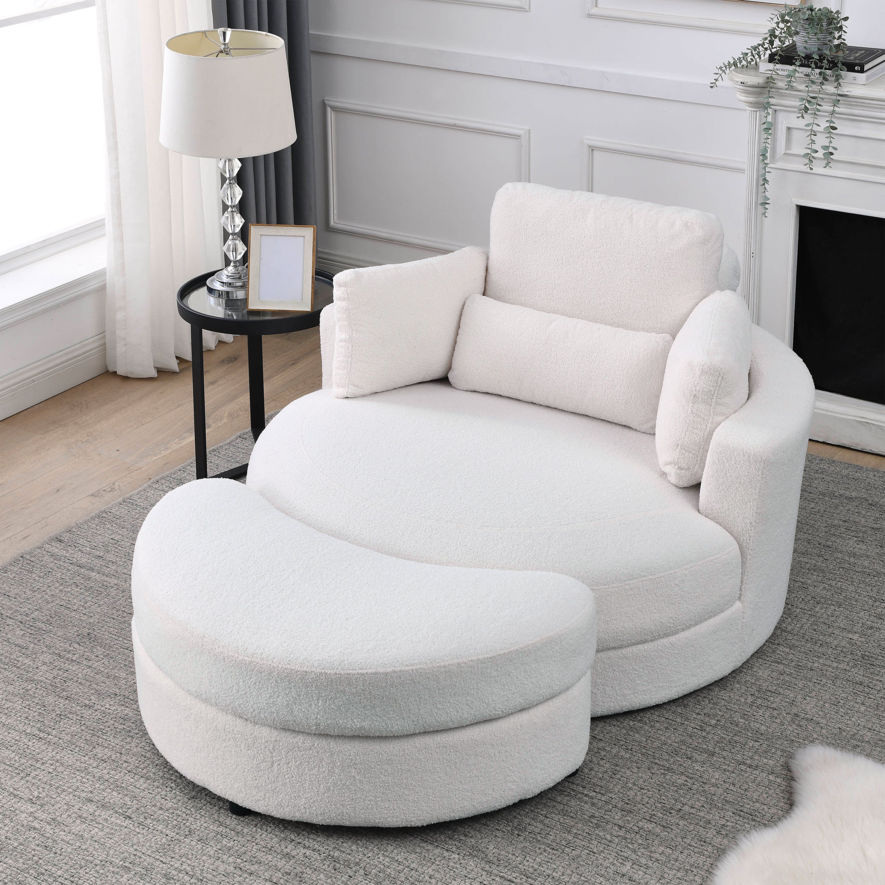 [Video] Welike Swivel Accent Barrel Modern Sofa Lounge Club Big Round Chair with Storage Ottoman TEDDY Fabric for Living Room Hotel with Pillows. *2PCS,Teddy White (Ivory)