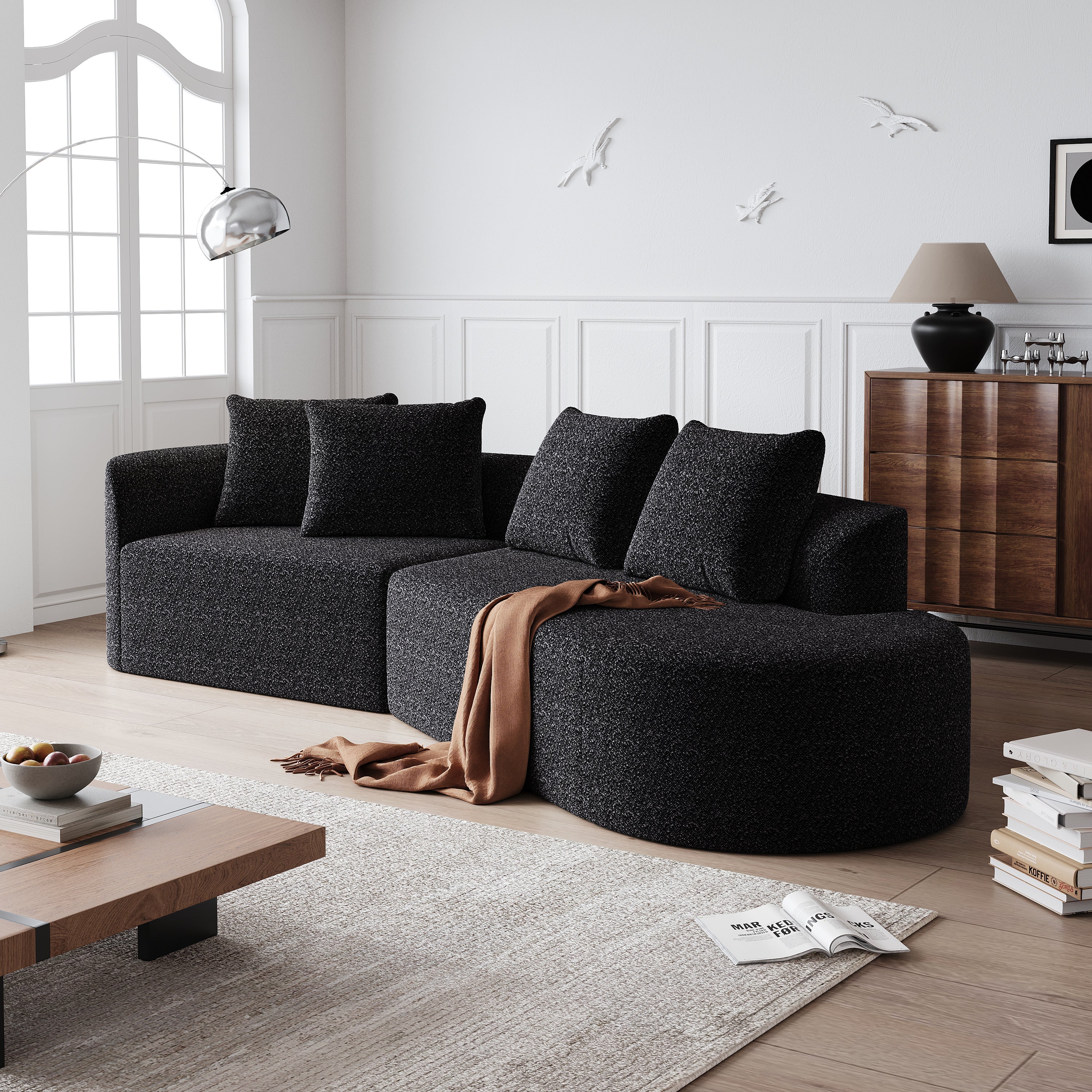 Modern Upholstered Oversized Sectional Sofa, 112-Inch Chenille 4-Seater Extra Deep & Wide Seat Curved Cloud Couch with 4 Throw Pillows, Free Combination Sofa Couch for Living Room,Bedroom