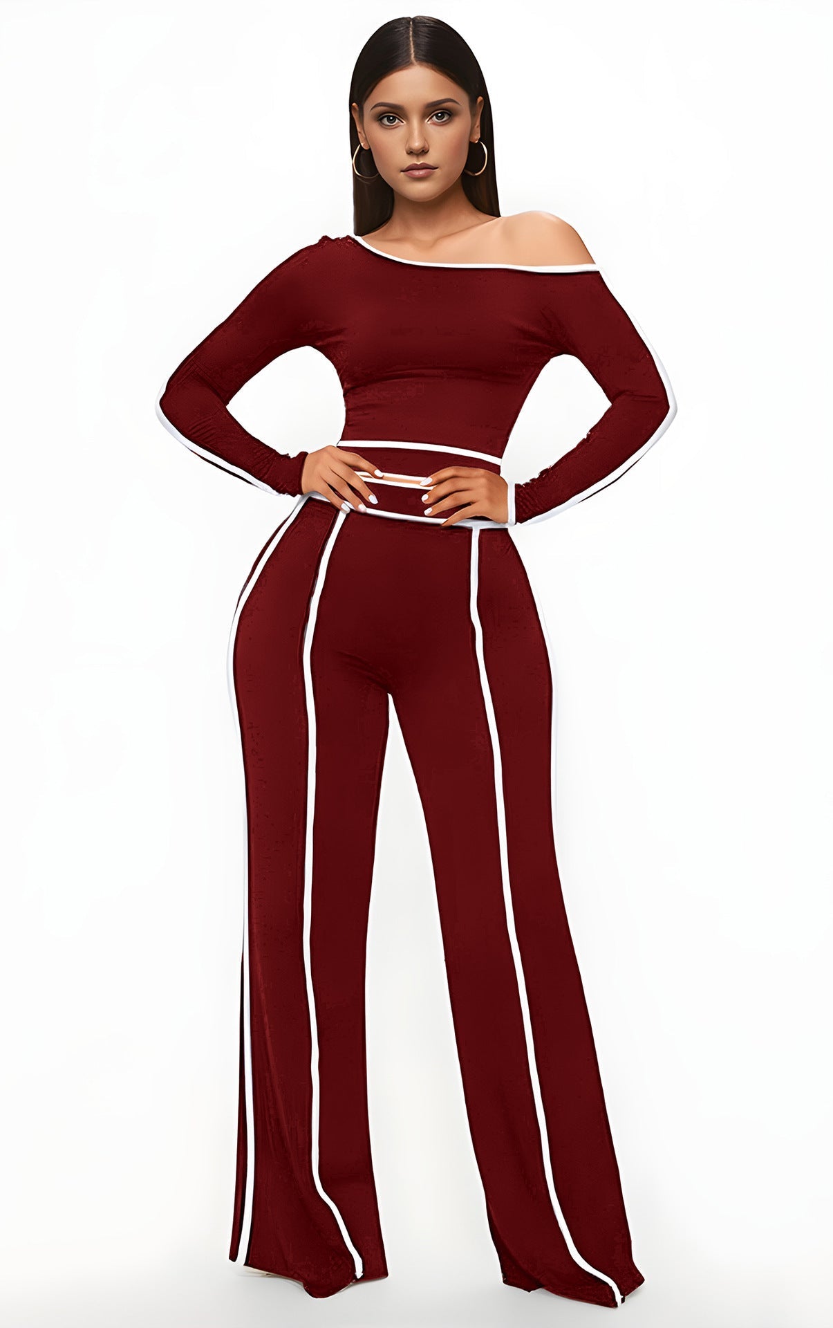 Commute Leisure Diagonal Collar Stitching High Waist Trousers Long Sleeve Two-piece Set (See size chart where applicable)