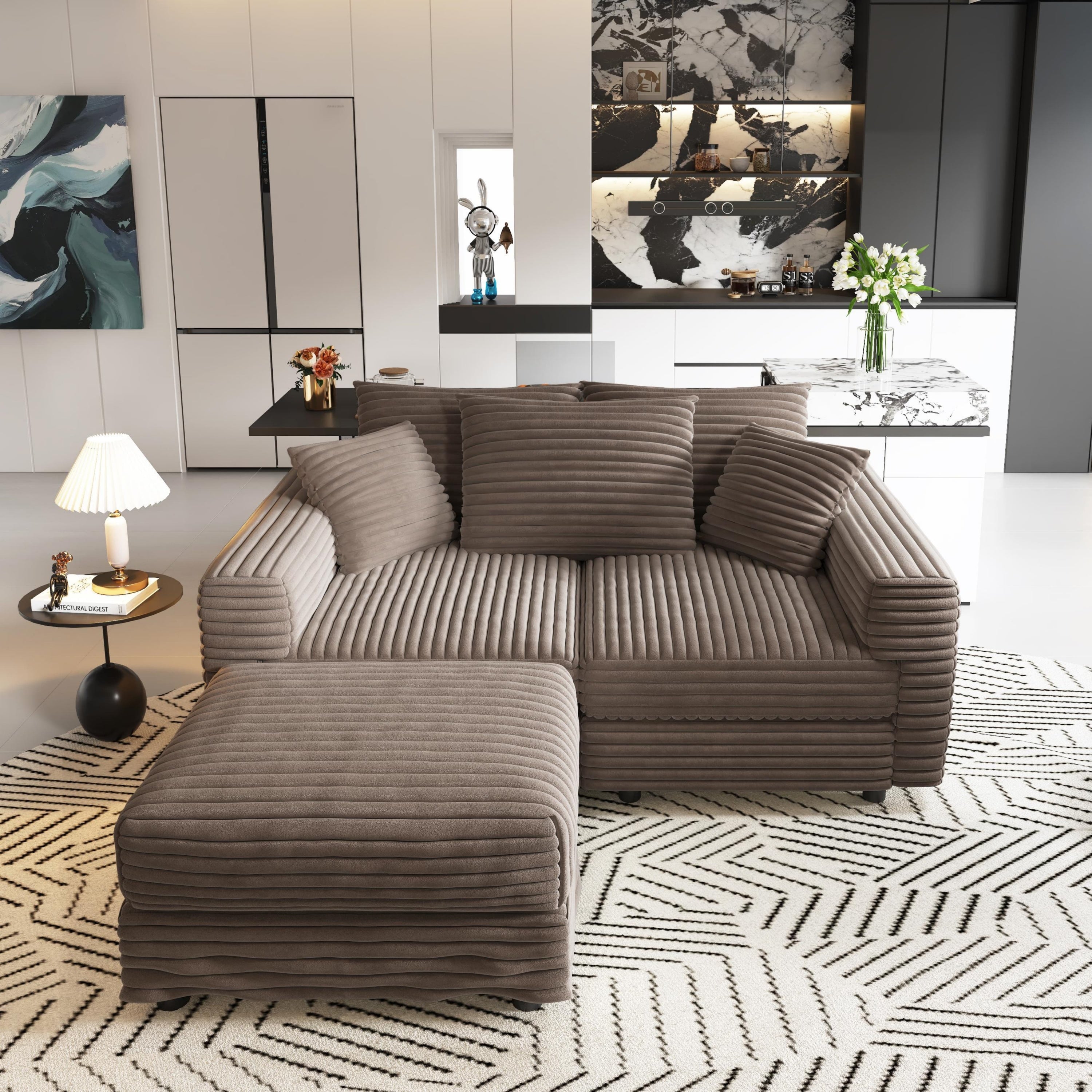 82.7 ' Plush Corduroy 3-Seat Sofa, Modern Comfy Upholstered Sofa Cloud Couch, Deep Seat Couches with Soft Pillows and 1 Ottomans, Convertible Sofa Lounge Chair, for Living Room,Apartment,Office,Camel