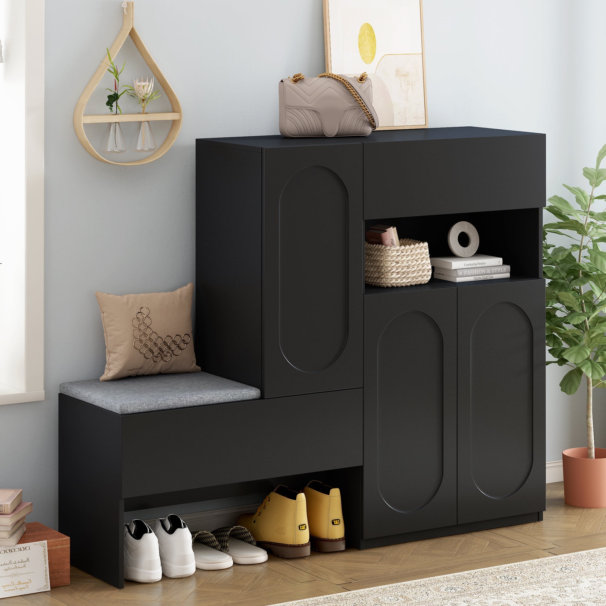 Elegant 2-in-1 Shoe Cabinets with Soft Cushion , Modern Narrow Storage Bench with Arched Doors & Rebound Devices, Versatile Shoe Rack Organizer with Adjustable Shelves for Hallway, Living Room, Black