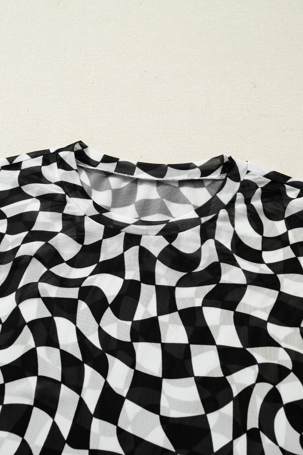 Checker Mesh Mock Neck Short Sleeve T-Shirt