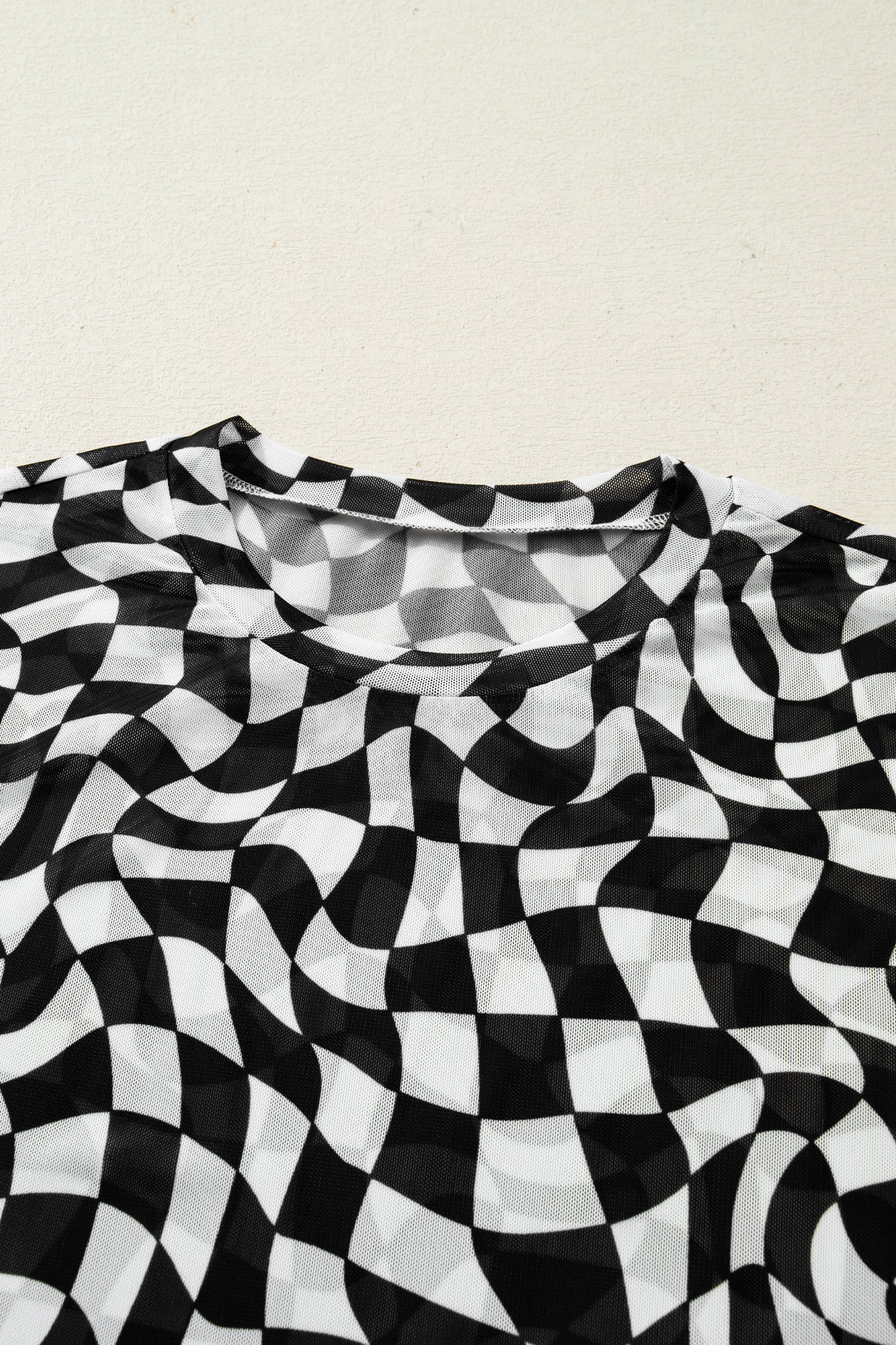 Checker Mesh Mock Neck Short Sleeve T-Shirt