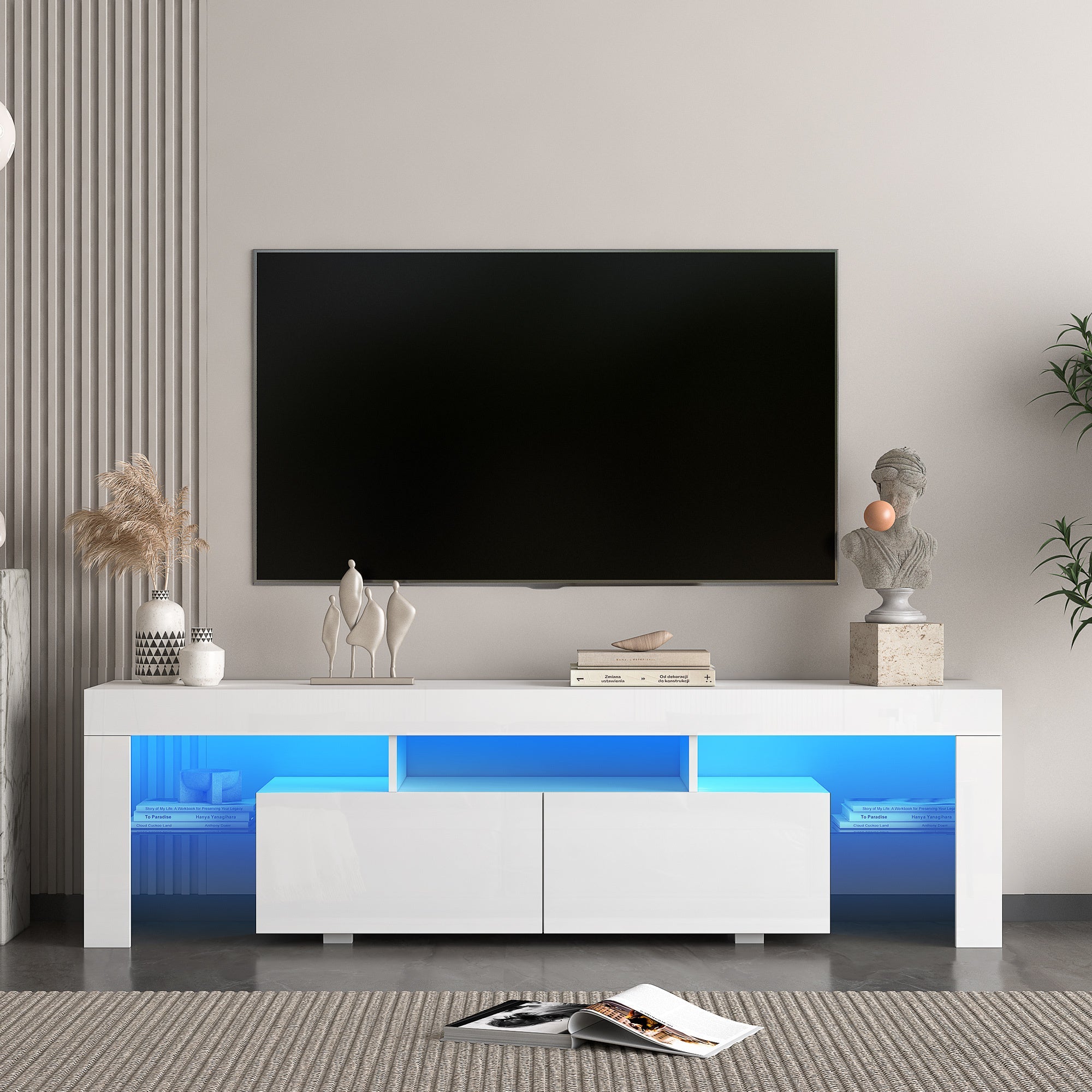 High gloss TV Stand with LED Lights for TVs up to 65'', Modern TV Console with Storage Cabinets for Living Room
