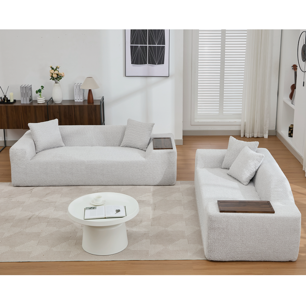 [NEW ARRIVED] [VIDEO PROVIDED]2 Piece Boucle Cloud Sofa Set, Upholstered Sofa Set, Modern 3 Seater and 2 Seater Sofa  with MDF End Table for Living Room ,Apartment,3+2 couch,Boucle, Light Gray