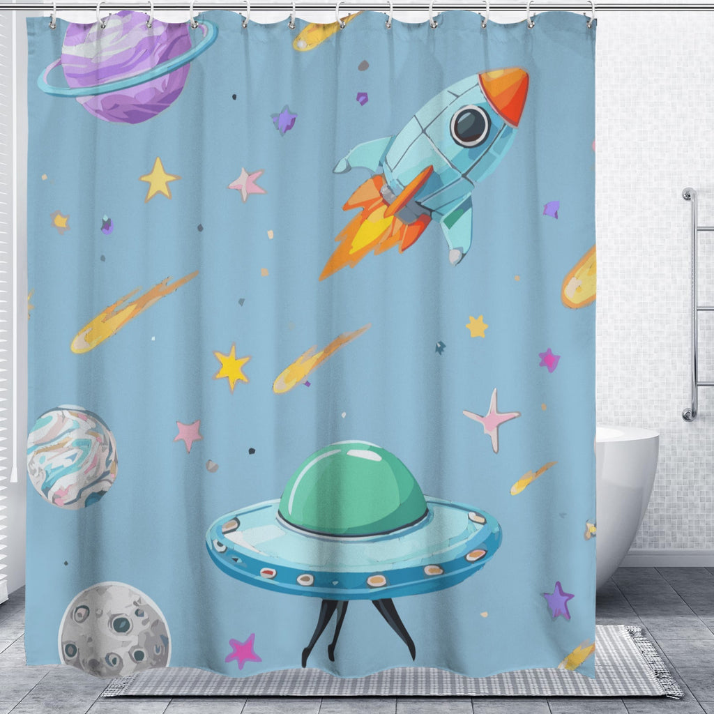 Space Illustration with Rocket Shower Curtain 66x72inch（Made in USA）