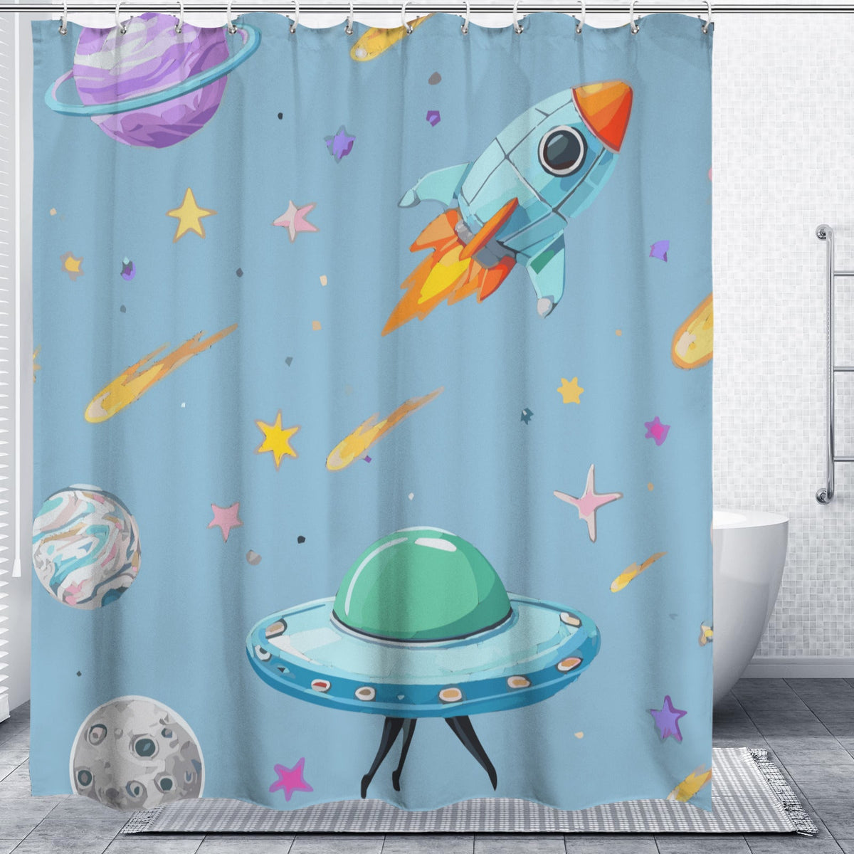 Space Illustration with Rocket Shower Curtain 66x72inch（Made in USA）