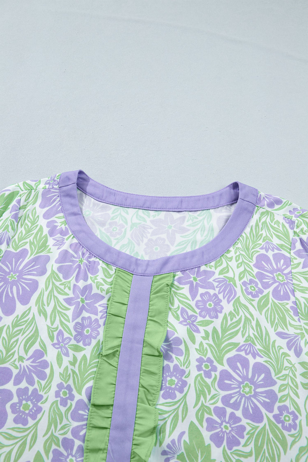 Floral Ruffle Colorblock Trim 3/4 Sleeve Blouse