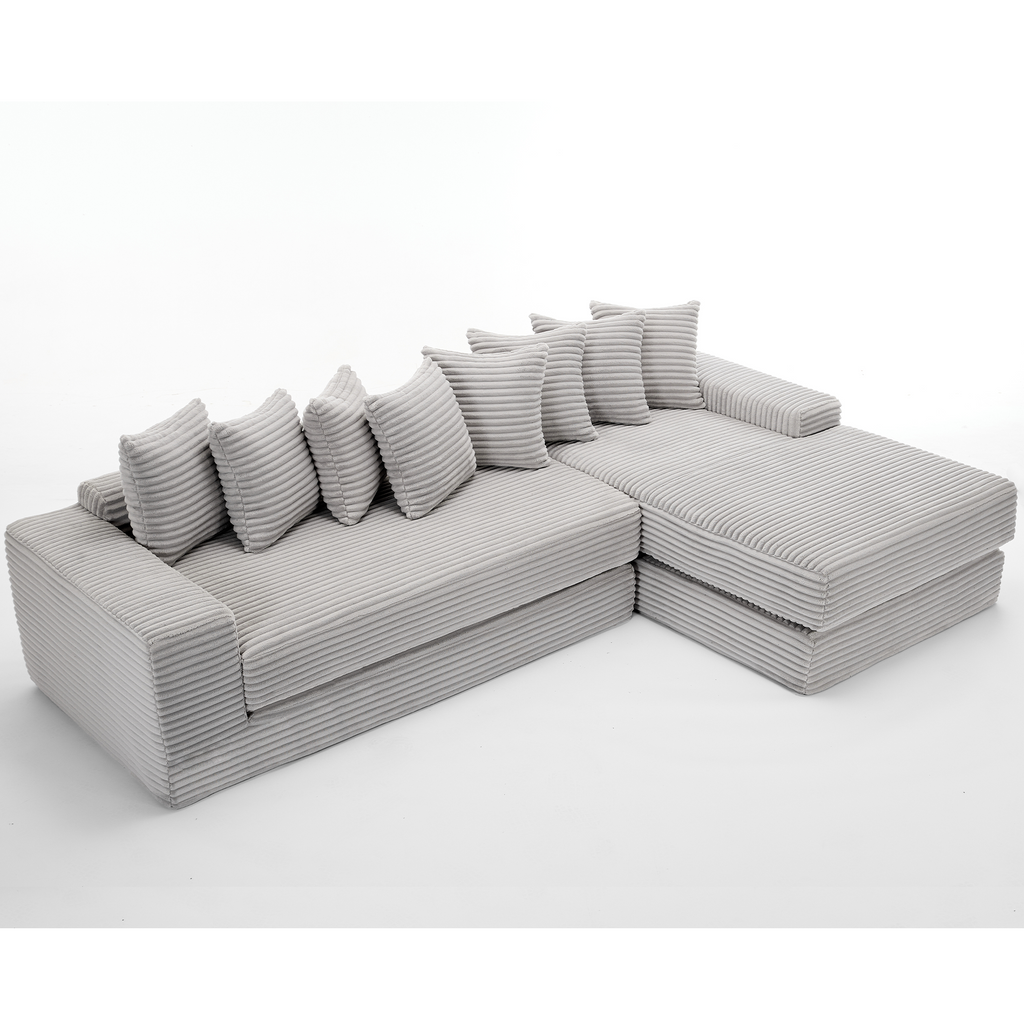 [NEW ARRIVED] [VIDEO PROVIDED] Oversize Cloud Couch, L-Shape Sofa, Convertible Floor Sleeper Sofa Bed, No Assembly ,Eight pillows,3-in-1,Magazine bag,(Right Facing Sofa),3 Seat,Corduroy,Light Gray