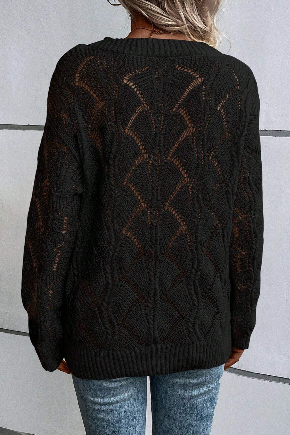 Black Hollow Out Knit V-neck Drop Shoulder Sweater
