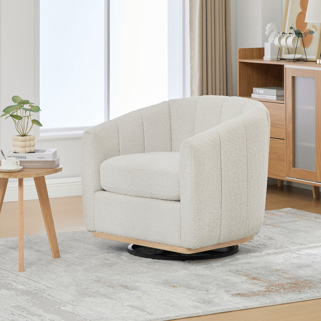 Modern Ivory Chenille Cushioned Metal Base Swivel Barrel Chair, 32.28' Wide Upholstered Tufted Pumpkin-Shape Club Armchair