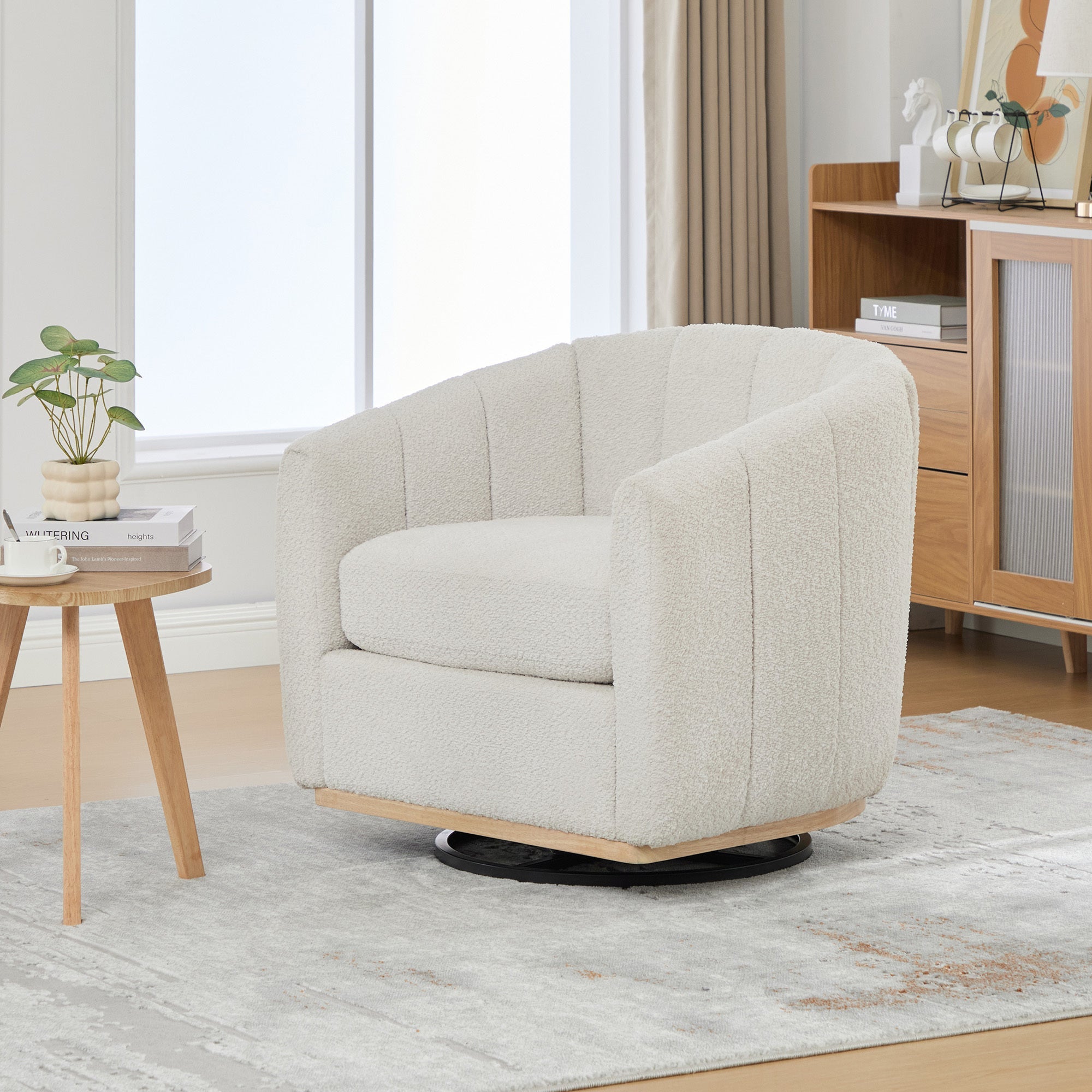 Modern Ivory Chenille Cushioned Metal Base Swivel Barrel Chair, 32.28' Wide Upholstered Tufted Pumpkin-Shape Club Armchair