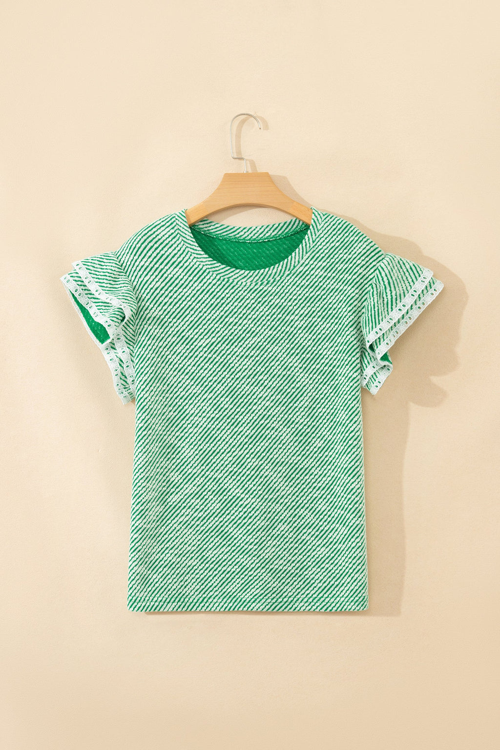 Stripe Twill Ruffle Lace Short Sleeve Blouse