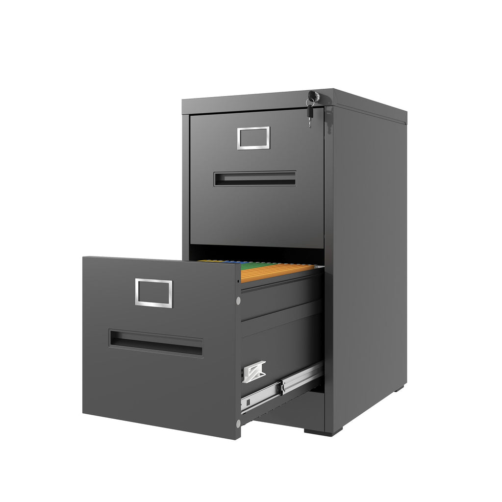 Premium Metal 2 Drawer File Cabinet with Lock for A4 Legal/Letter Size Documents, Black Steel, 28.5 Inches
