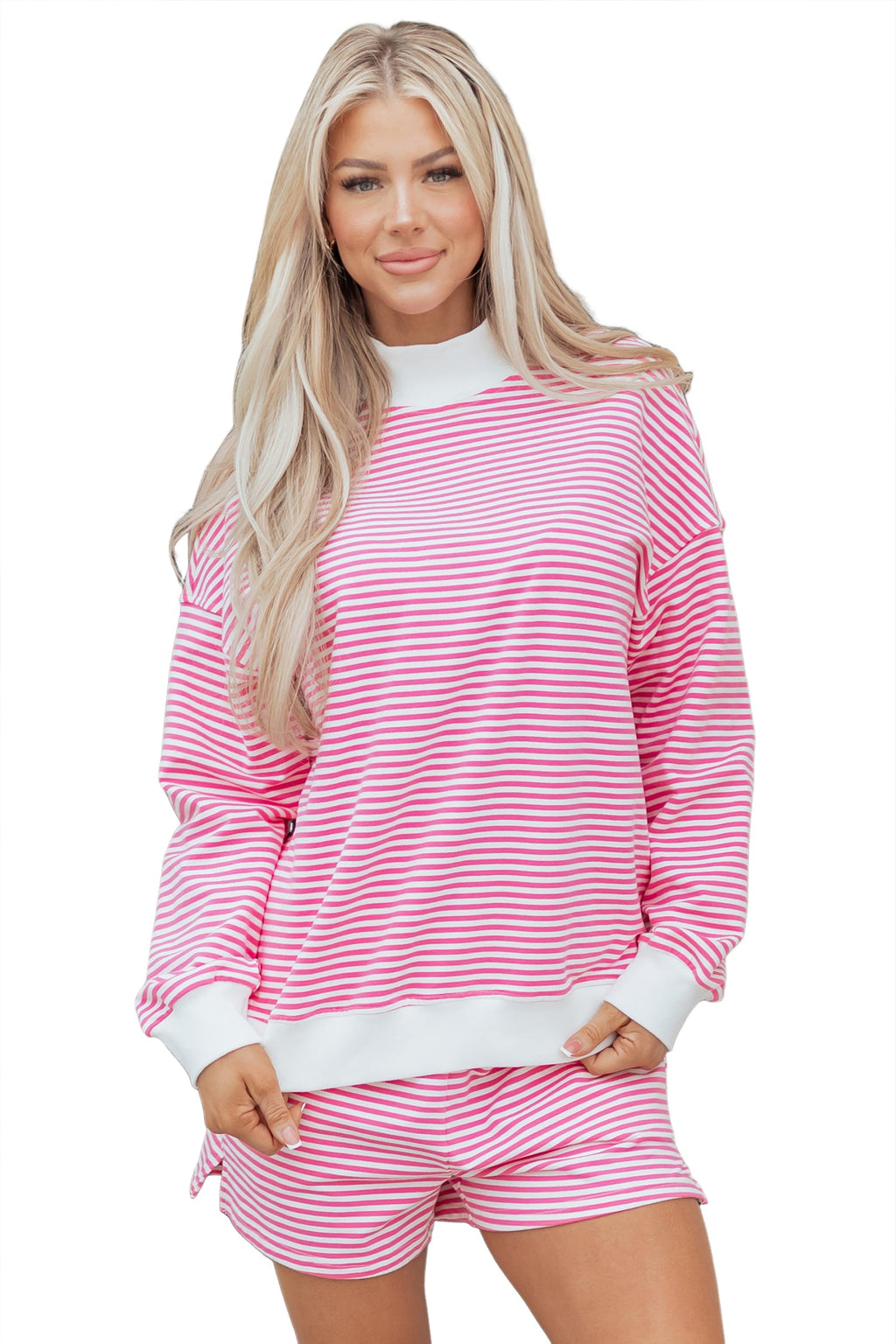 Stripe Oversize Mock Neck Sweatshirt & Shorts Set