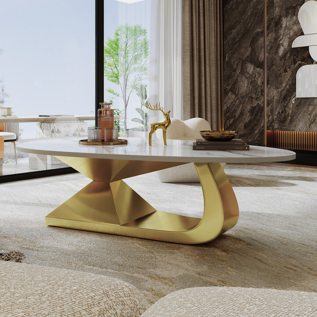 Modern Sintered Stone Tabletop Coffee Table with Stainless Steel Base - Elegant and Durable Living Room Centerpiece