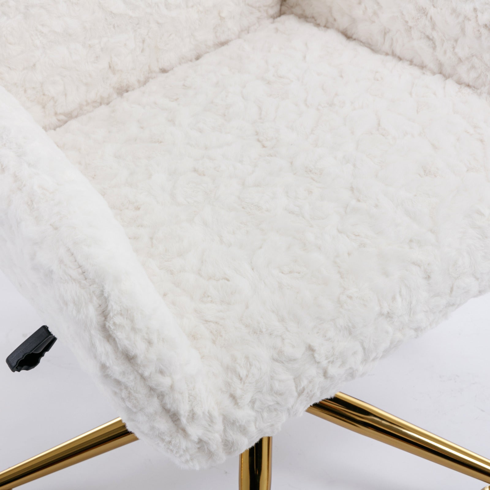 A&A Furniture Artificial Rabbit Hair Office Chair with Golden Metal Base, Adjustable Swivel Vanity Chair, Beige Velvet