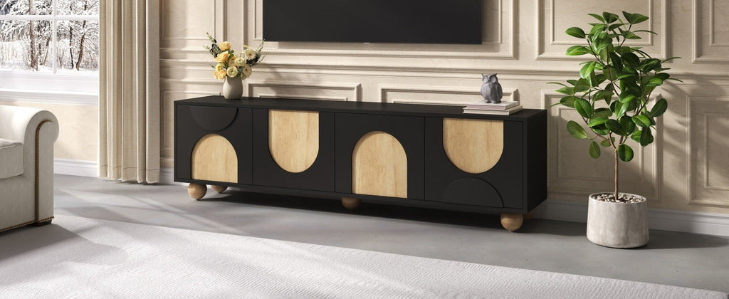 Farmhouse TV Stand with Cable Holes for TVs up to 75', Cream Style Media Console with Rebound Device, Elegant Entertainment Center with 5 Solid Wood Legs for Living Room, Bedroom, Black, 69.6'W