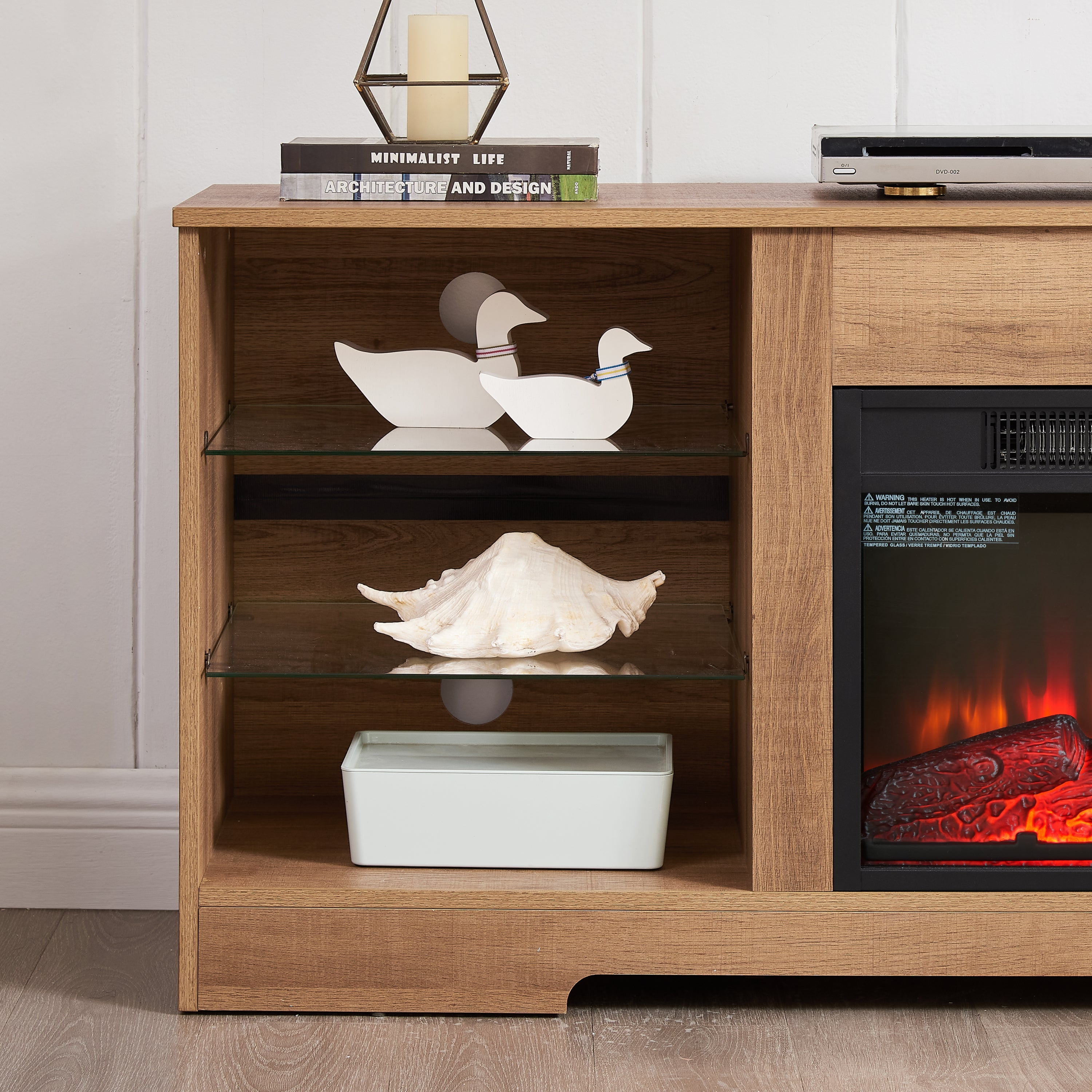 TV Stand Electric Fireplace  Glass Shelves, 3D Fireplace TV Stand with LED Lights Wood with USB Charging Outlet Modern Television Table Center for TV up to 62' OAK 58''W*15.5''D*24.4