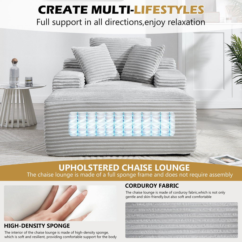 67' Chaise Lounge Chair 9.9'' Wide Armrest Indoor Corduroy Oversized Sleeper Sofa for Living Room Deep Seat Lounge and Three Soft Pillows Convertible Boneless Sofa Bed, Light Grey,No Assembly Required