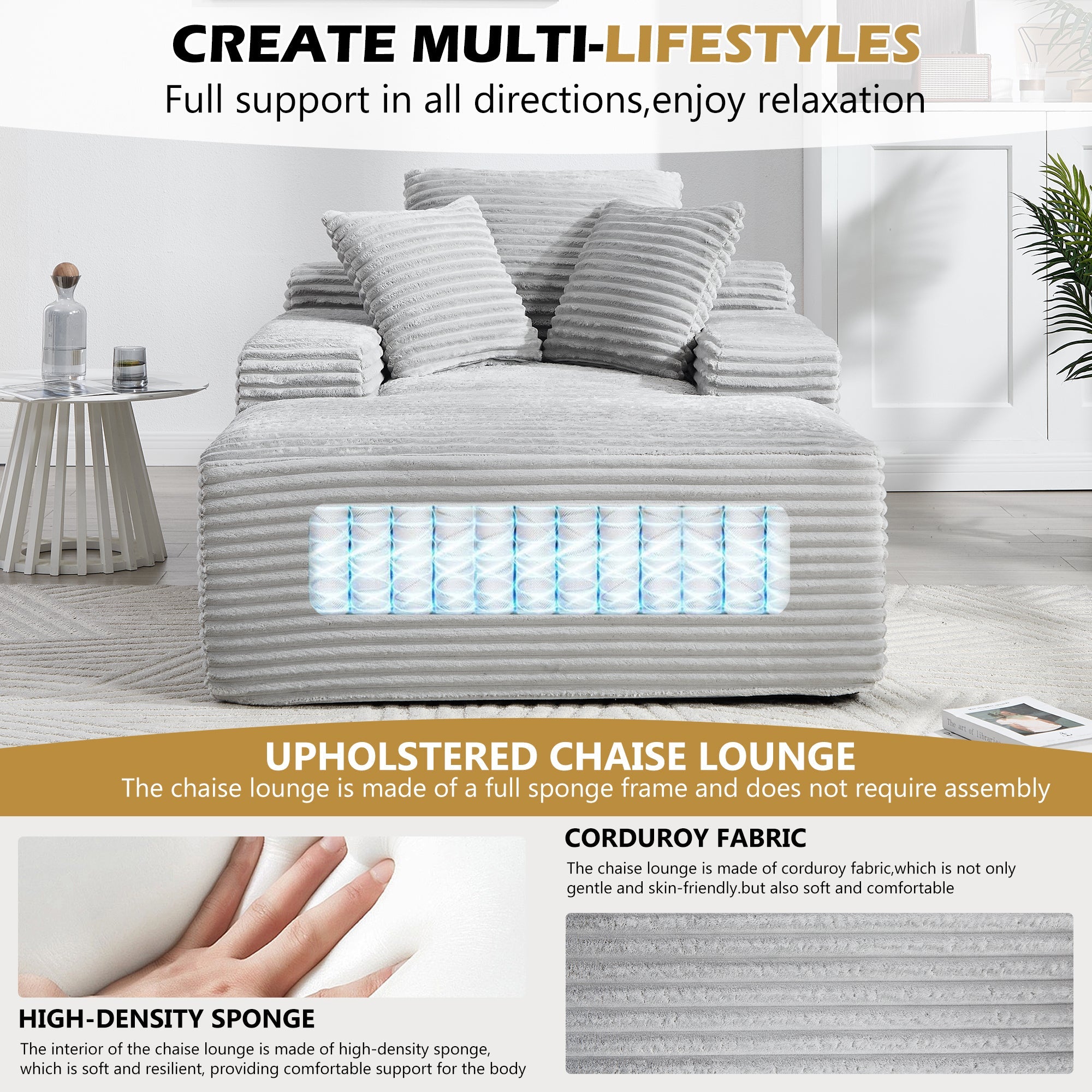 67' Chaise Lounge Chair 9.9'' Wide Armrest Indoor Corduroy Oversized Sleeper Sofa for Living Room Deep Seat Lounge and Three Soft Pillows Convertible Boneless Sofa Bed, Light Grey,No Assembly Required
