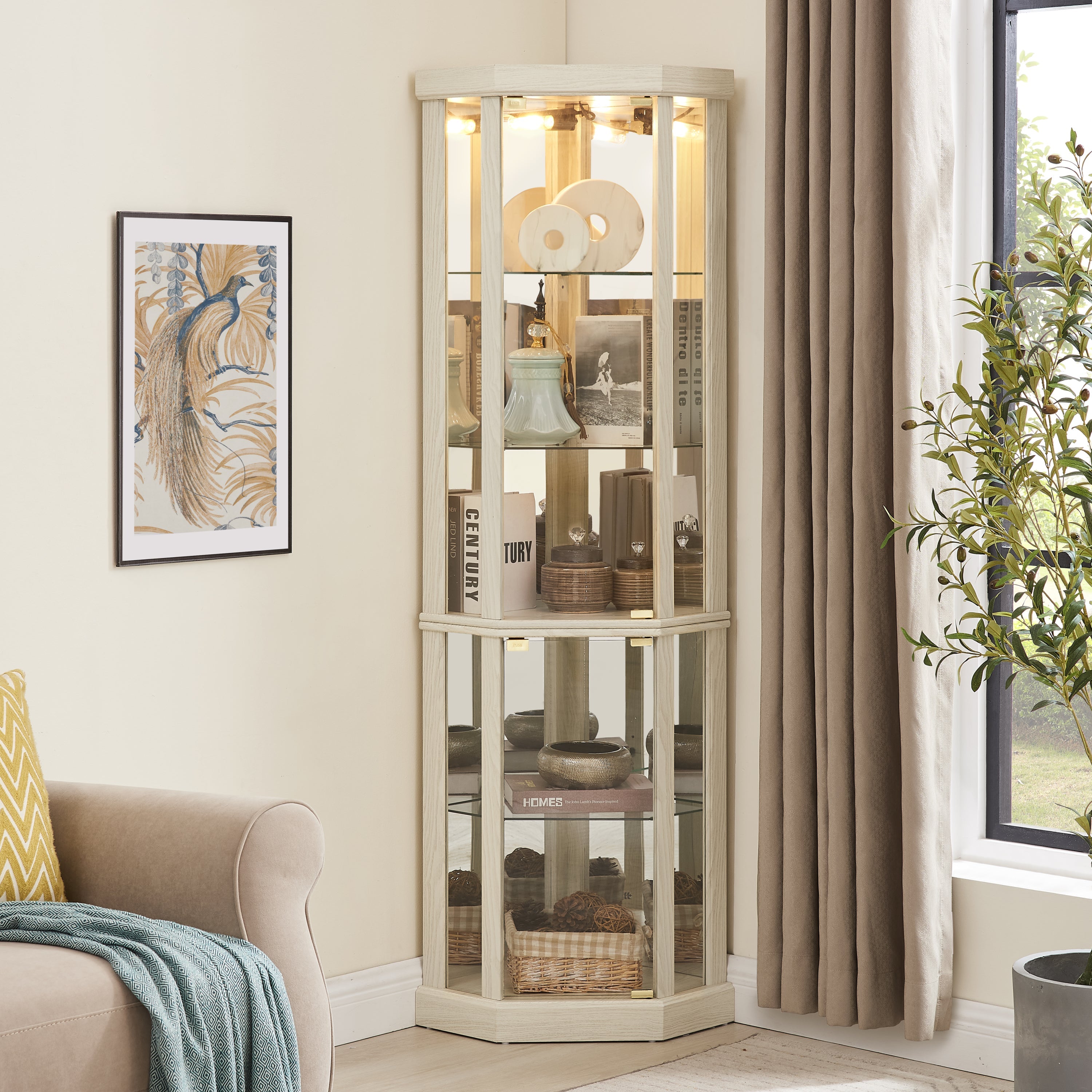 Lighted Corner Curio Cabinet - Elegant Glass Display Case for Living Room & Bar Storage - Perfect for Antique Collections & Wine - Includes Built-in Lighting - White