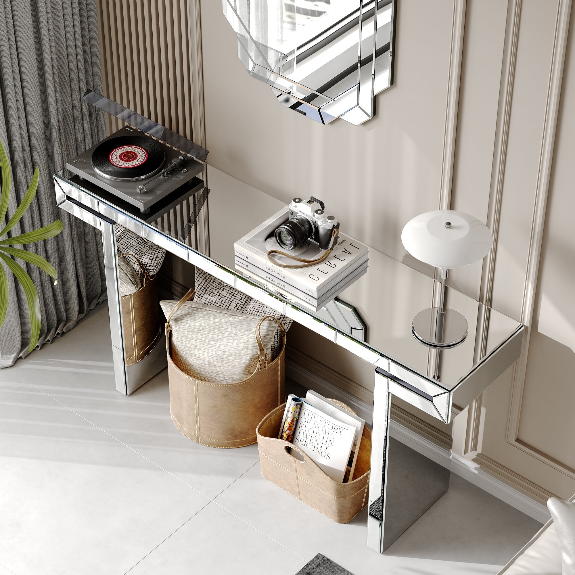 60 Inches Luxury Full-Length Mirror Console Table with Fluted Tempered Glass, Entryway Mirrored Sofa Table, Light Luxury Style, Scratch-Resistant, Reinforced Packaging