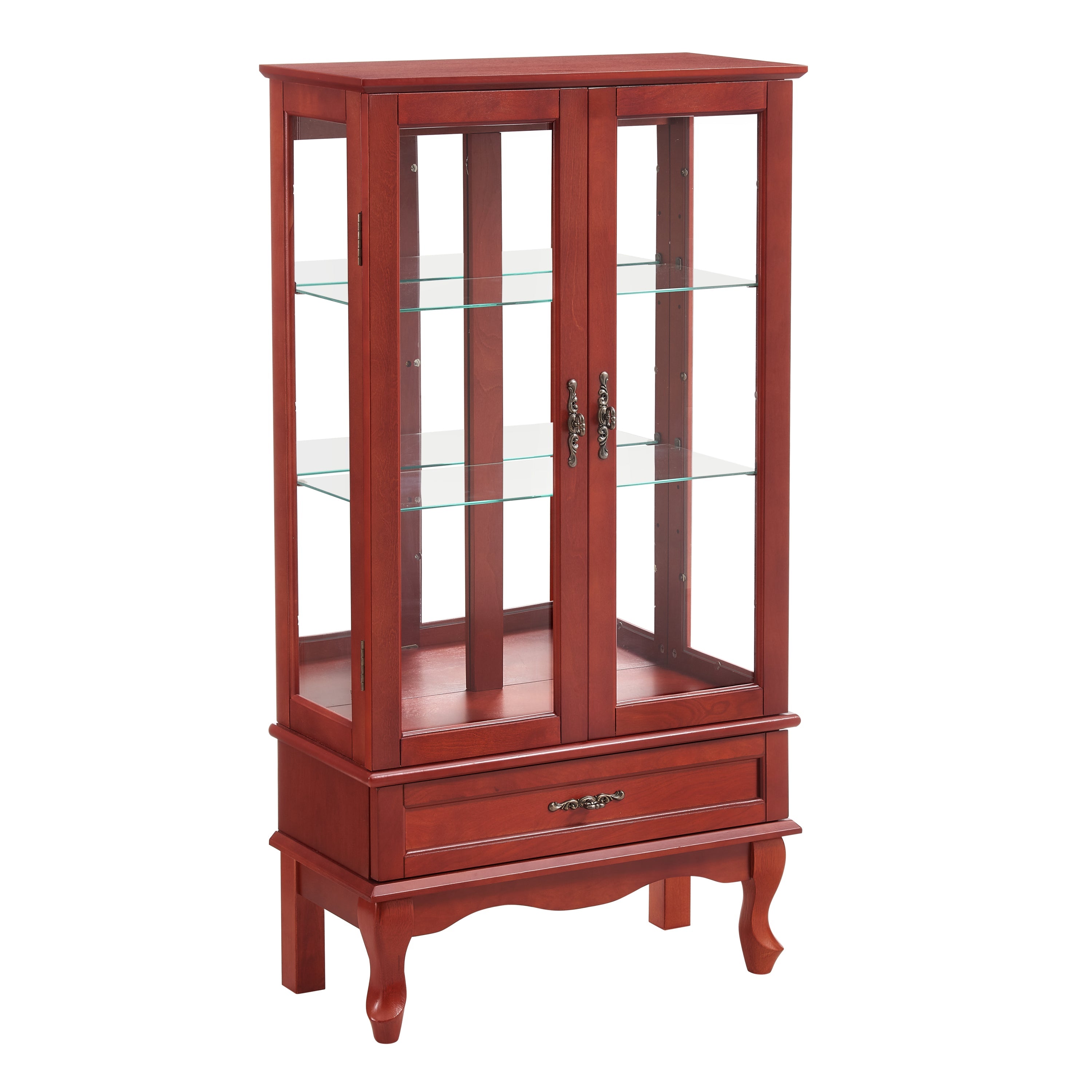 Lighted Glass Display Cabinet Glass Wine Cabinet Curio Display Cabinet with Adjustable Glass Shelves Two Doors and One Drawer Bulb Included for Home Decor and Storage-CHERRY