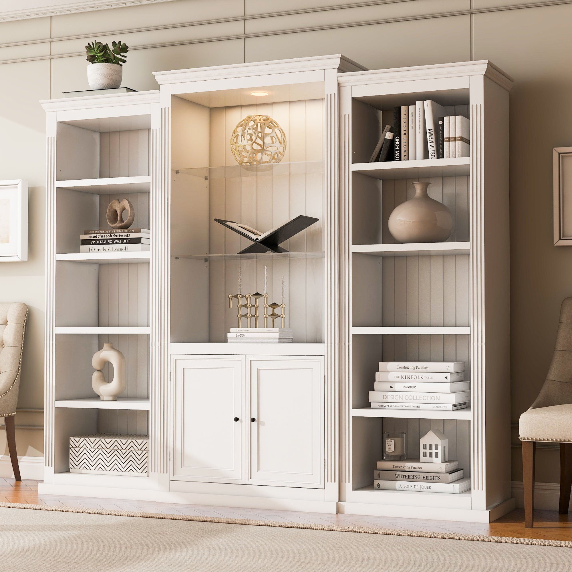 Retro Style 3-Piece Bookcase Display Cabinet with Adjustable LED Lighting, Tempered Glass Shelves, White