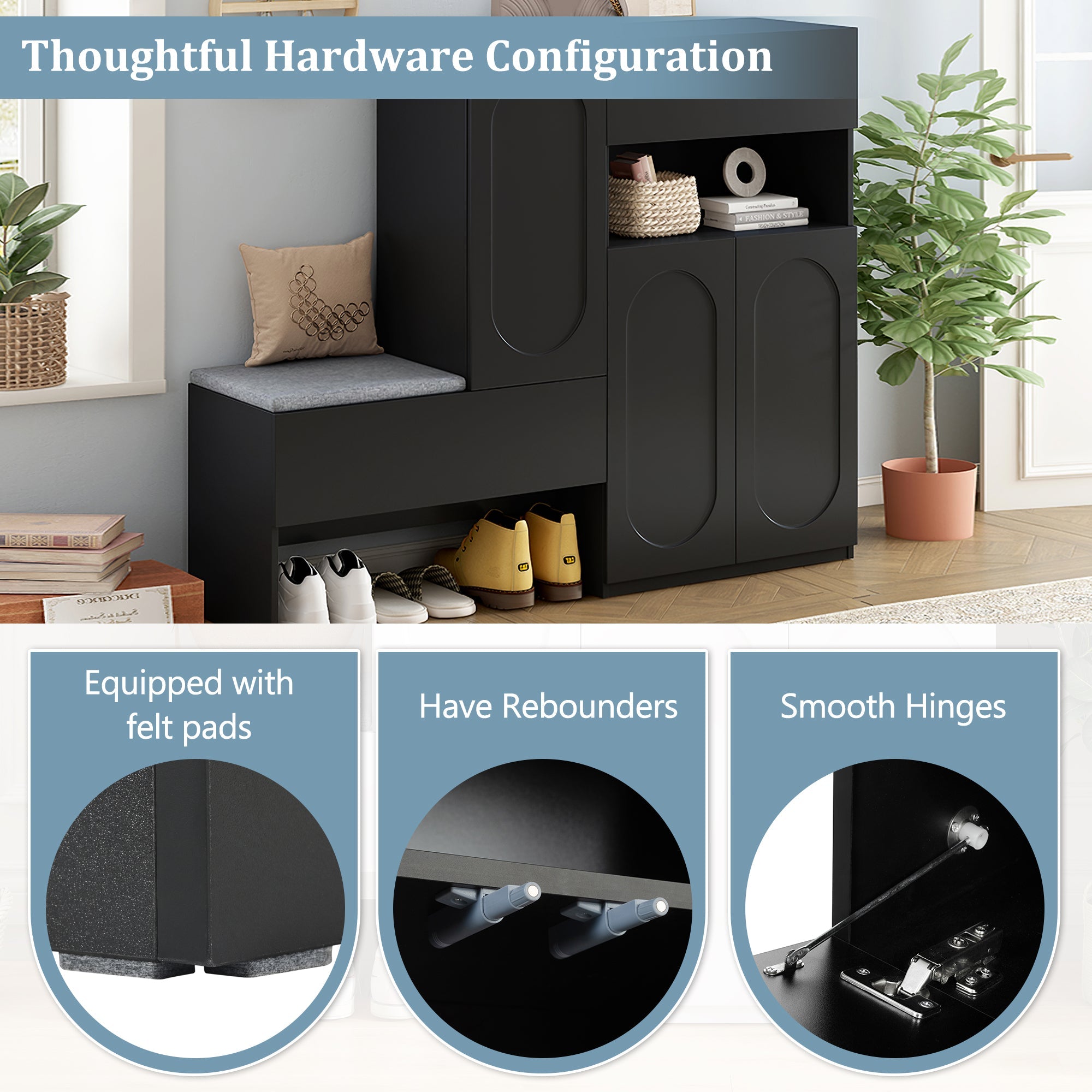 Elegant 2-in-1 Shoe Cabinets with Soft Cushion , Modern Narrow Storage Bench with Arched Doors & Rebound Devices, Versatile Shoe Rack Organizer with Adjustable Shelves for Hallway, Living Room, Black