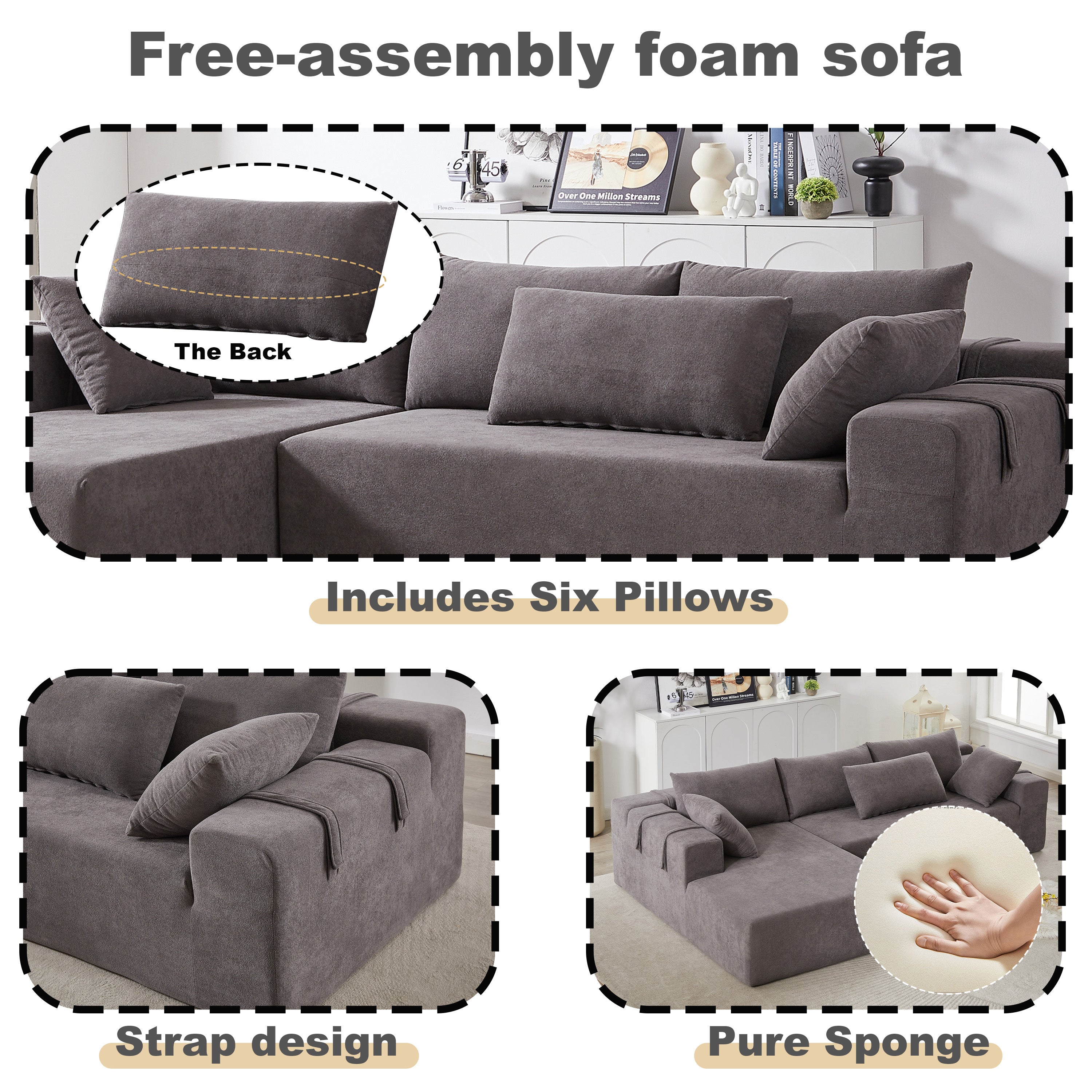 Modern Chenille Upholstered Sectional Sofa Couch Set,Modular 108' L Shaped Sectional Living Room Sofa Set With 6 Pillows,Free Combination Sofa Couch for Living Room,Bedroom(Left Chaise)W834P240001